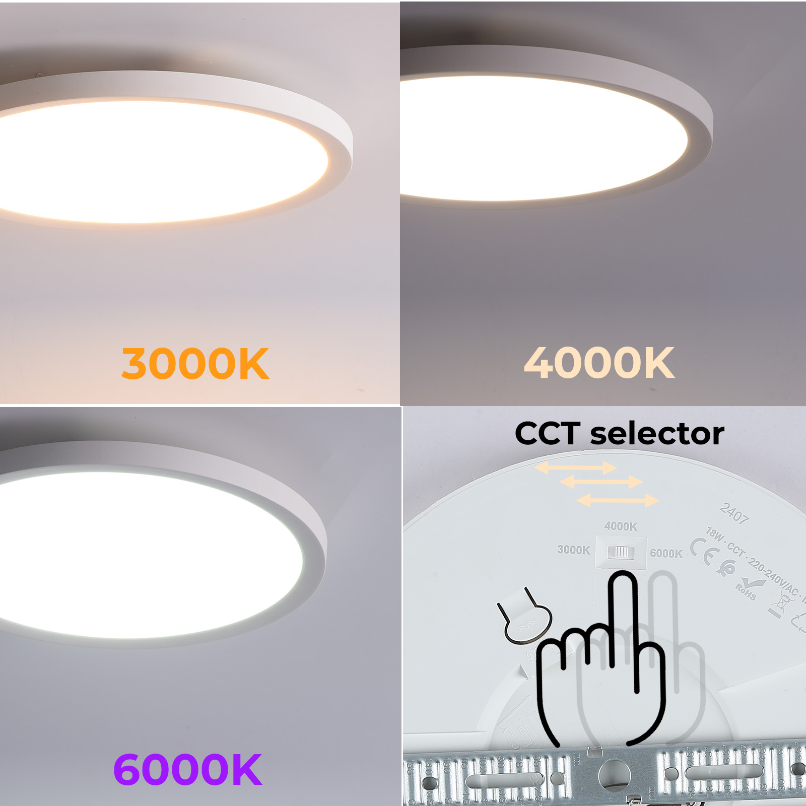 Cuatro imágenes que muestran una luz de techo redonda. Se destaca el selector CCT, con diferentes temperaturas de luz.