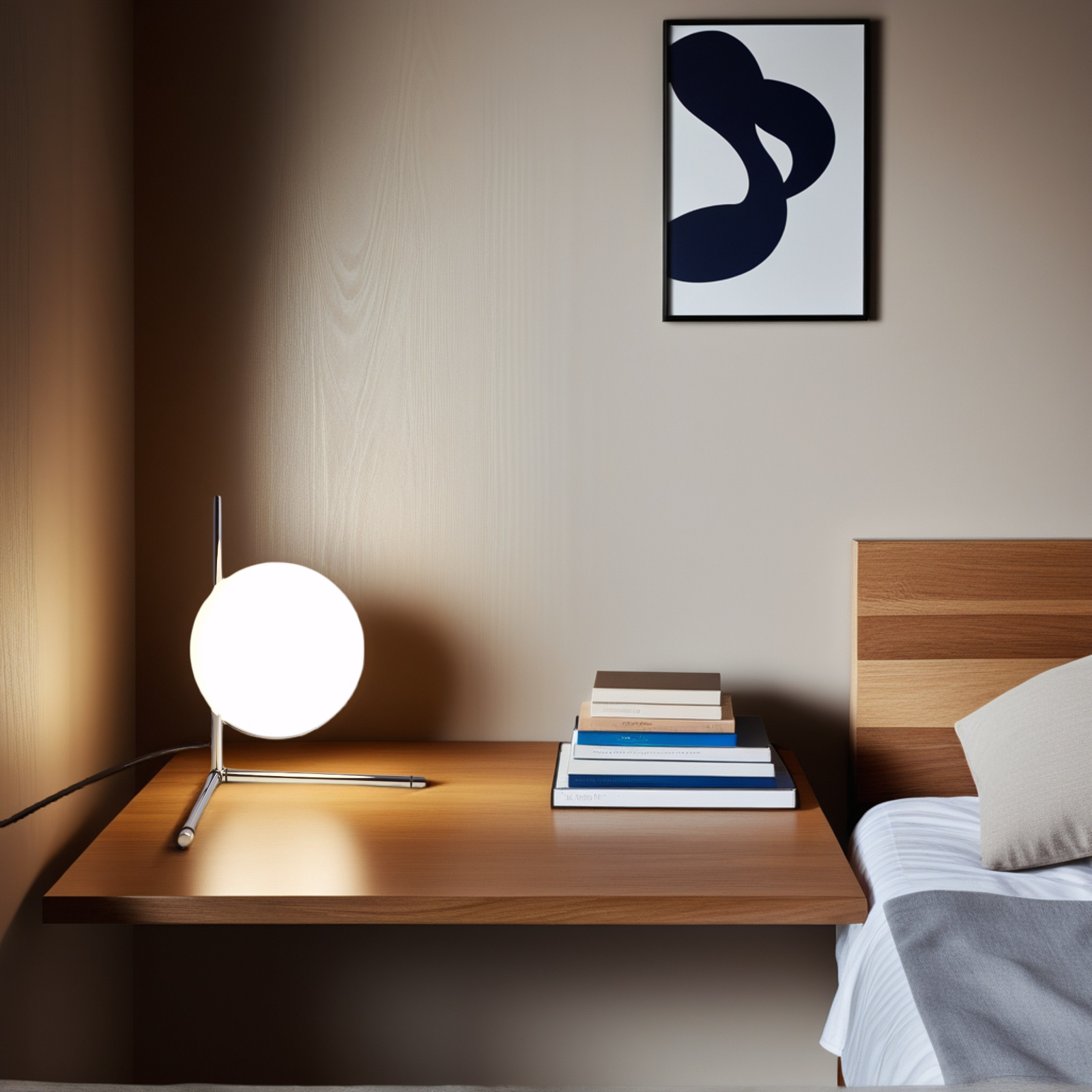 Una lámpara de mesa moderna con una luz blanca en forma de globo sobre una mesa de madera. Una pintura y libros en el fondo.