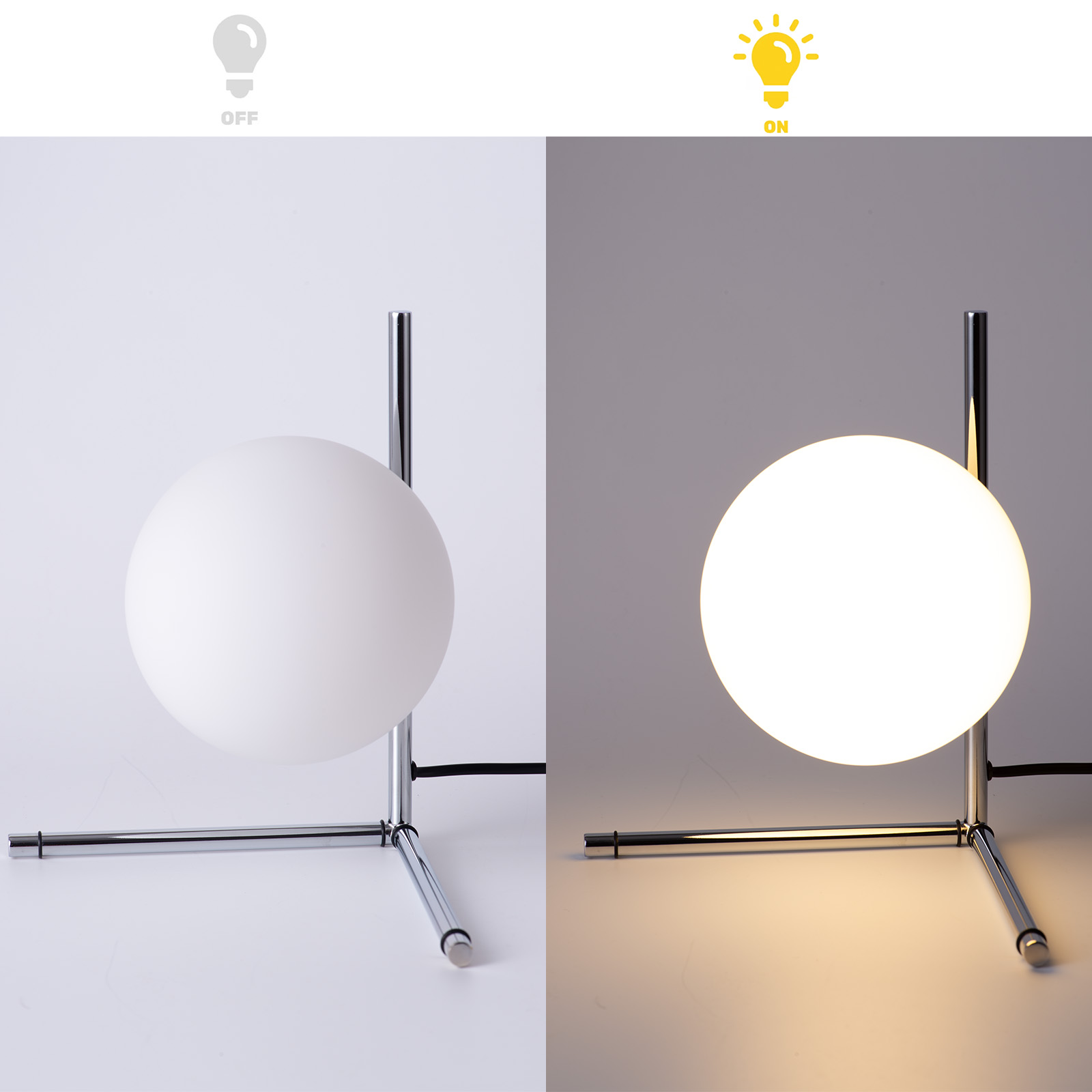 Una lámpara de mesa, apagada y encendida, con un globo blanco. La lámpara tiene una base y un marco cromados, sobre un fondo blanco.