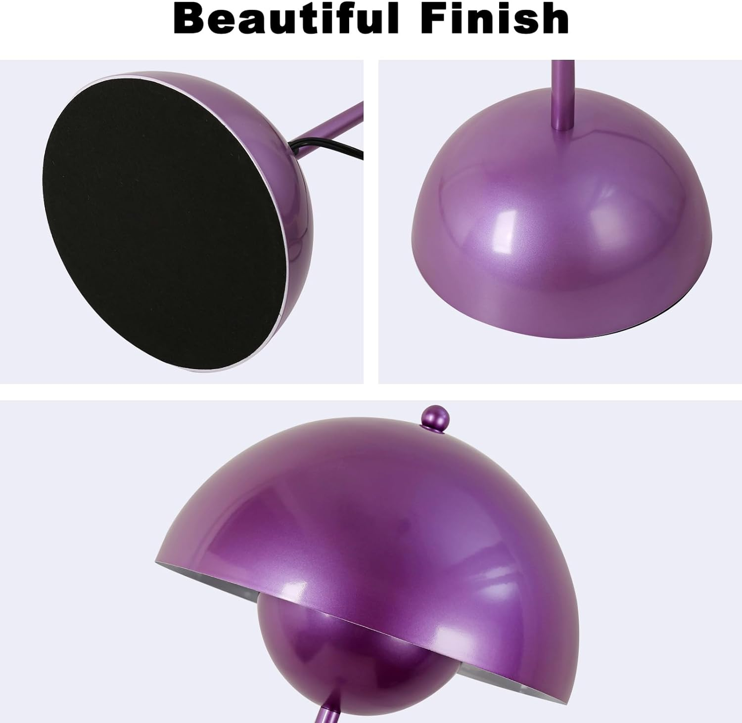 Primer plano de una lámpara de pie morada que muestra la base, la pantalla y los detalles de conexión. Presenta una parte inferior negra.