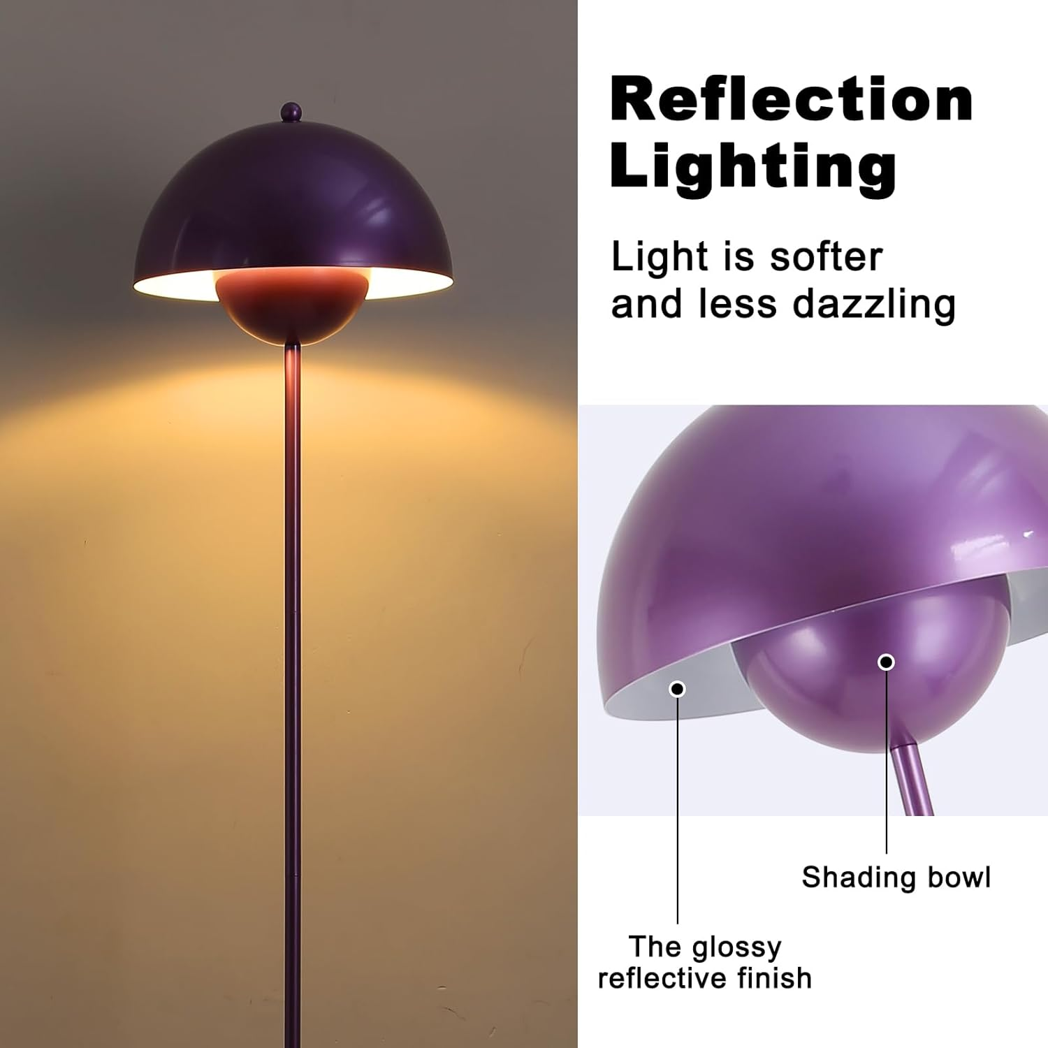 Una lámpara de pie morada. La lámpara tiene un acabado reflectante brillante. La luz es menos deslumbrante.