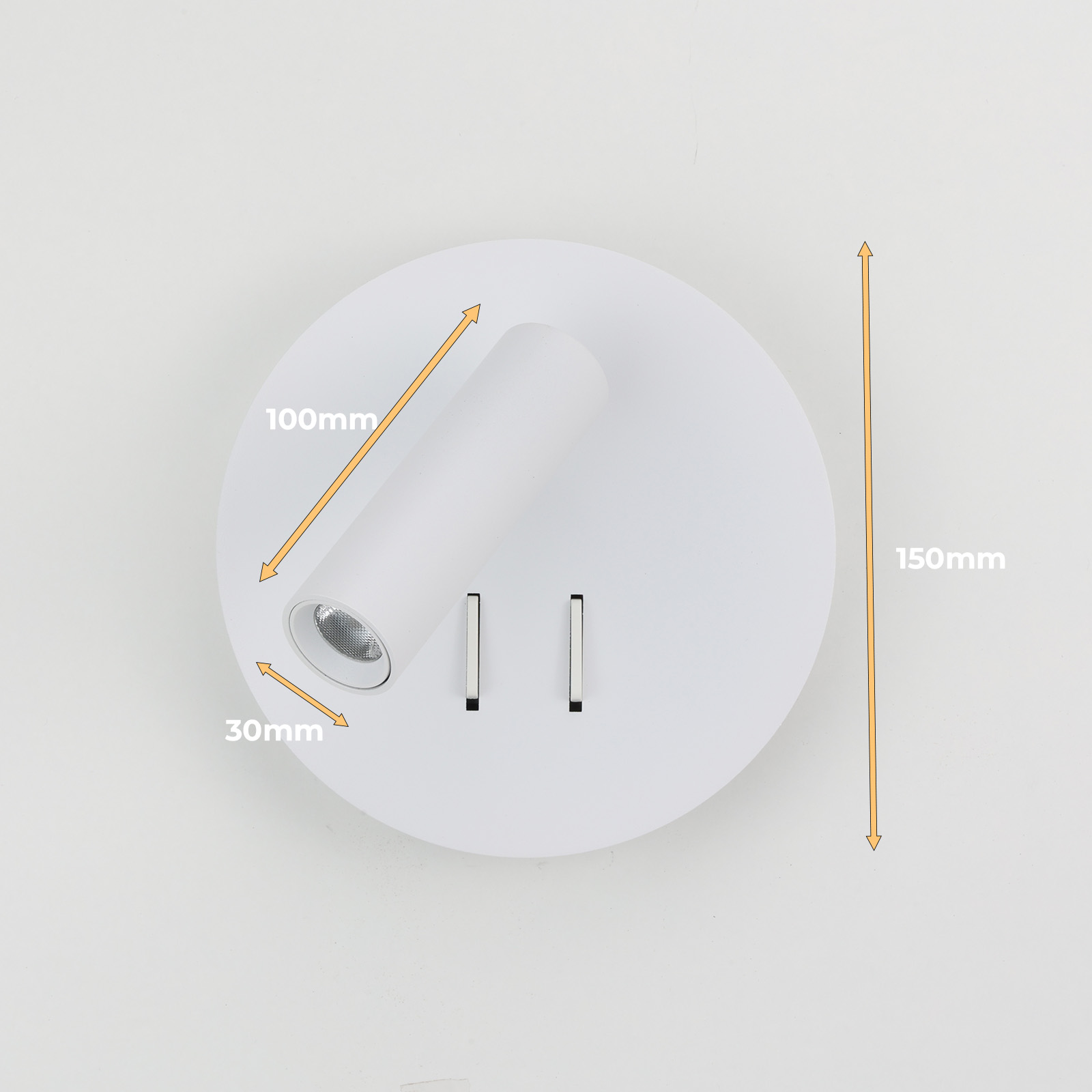 Una lámpara de pared blanca con dimensiones mostradas en la imagen.