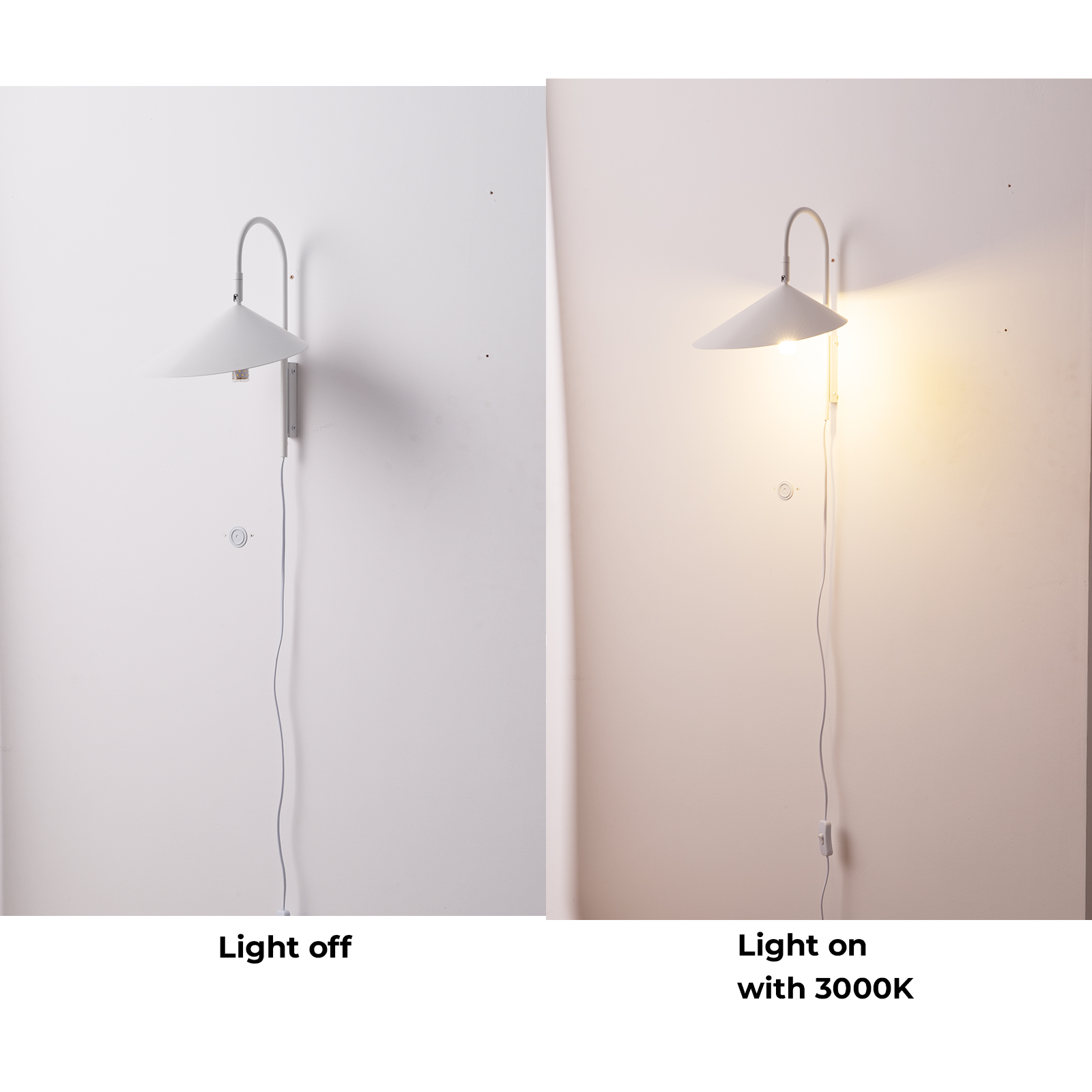 Lámpara de pared gris con luz apagada y encendida, mostrando un cambio en brillo y temperatura de color.