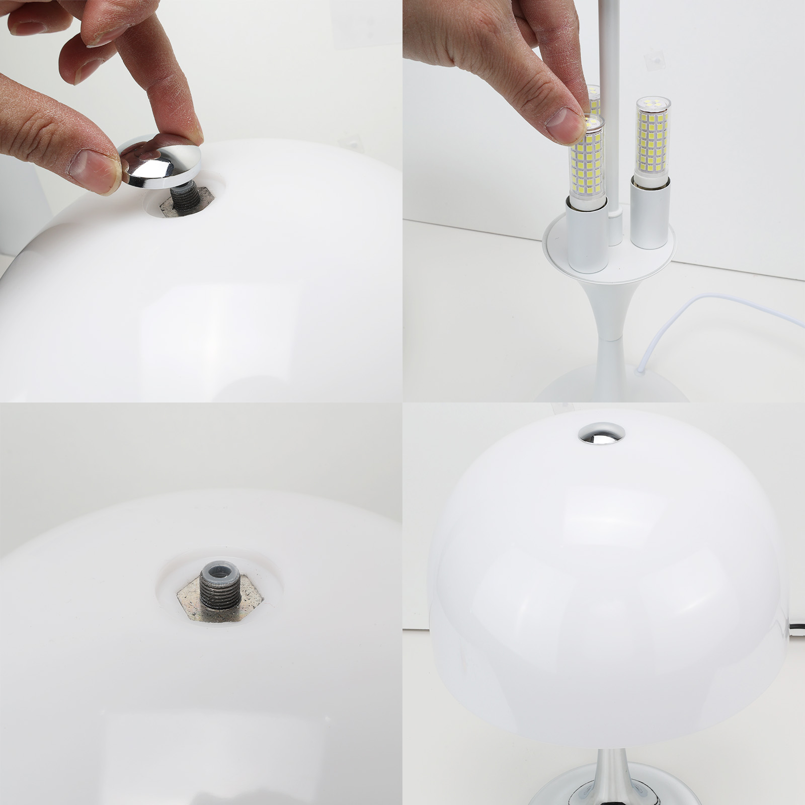Primeros planos de una lámpara blanca, que muestran la parte superior con detalles de tornillos y la base con detalles de ajuste.