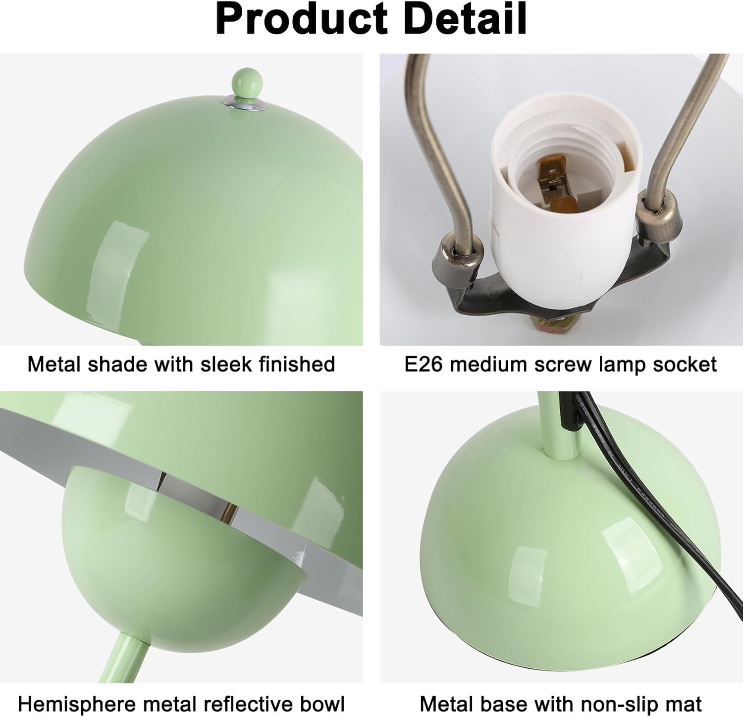 Imágenes detalladas de un producto de una lámpara verde, que muestran la pantalla de metal, el enchufe, el cuenco hemisférico y la base.