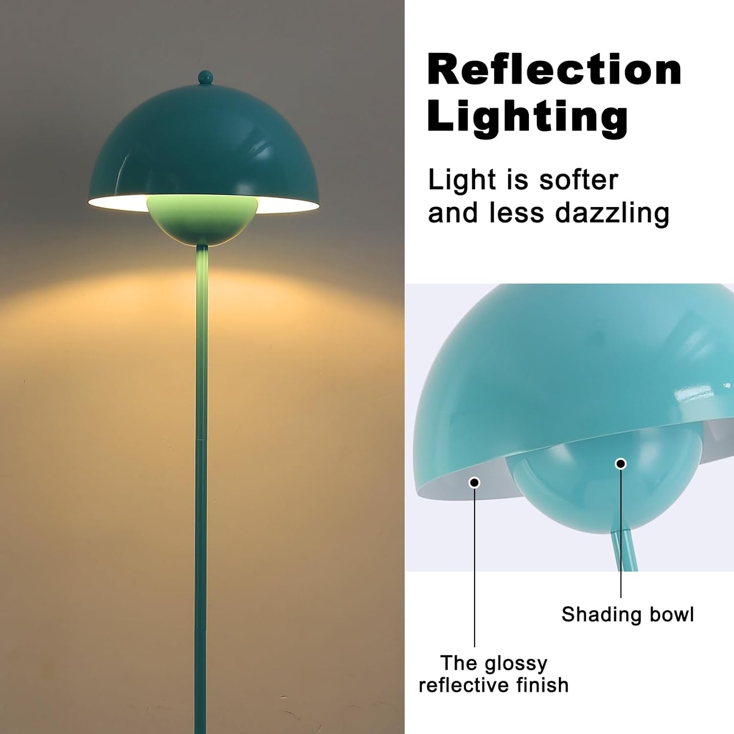 Lámpara de pie turquesa con pantalla de hongo, reflejando luz suave. Texto: iluminación por reflexión, luz más suave.