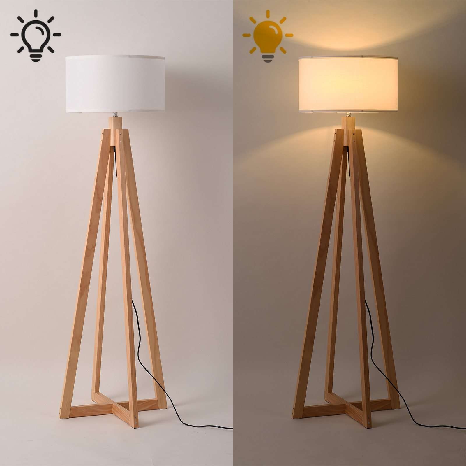 Lámpara de pie trípode de madera, encendida y apagada, mostrando la diferencia con iconos.