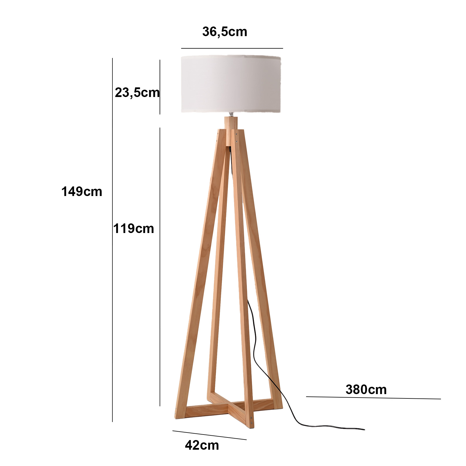 Lámpara de pie trípode de madera con pantalla blanca. Dimensiones de la lámpara.