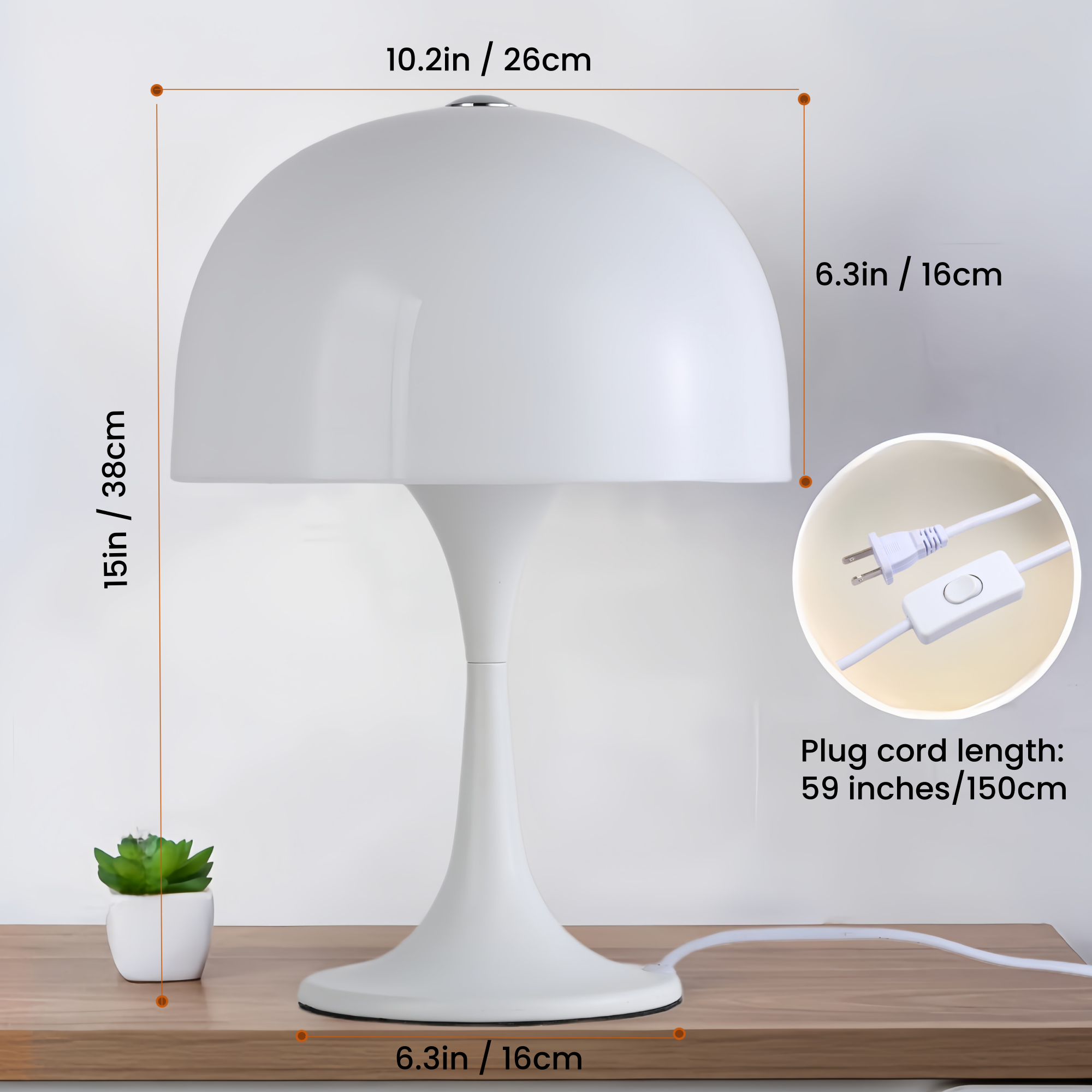 Una lámpara blanca con dimensiones: altura 38cm, ancho 16cm.
