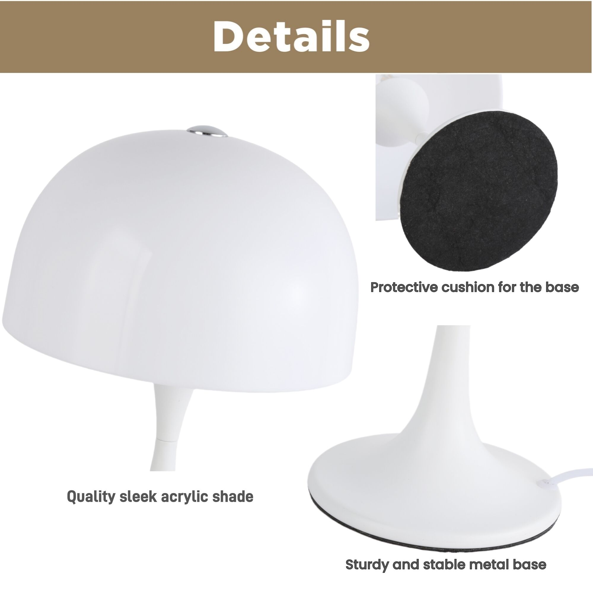 Detalles de primer plano de una lámpara blanca: pantalla, base y cojín protector.
