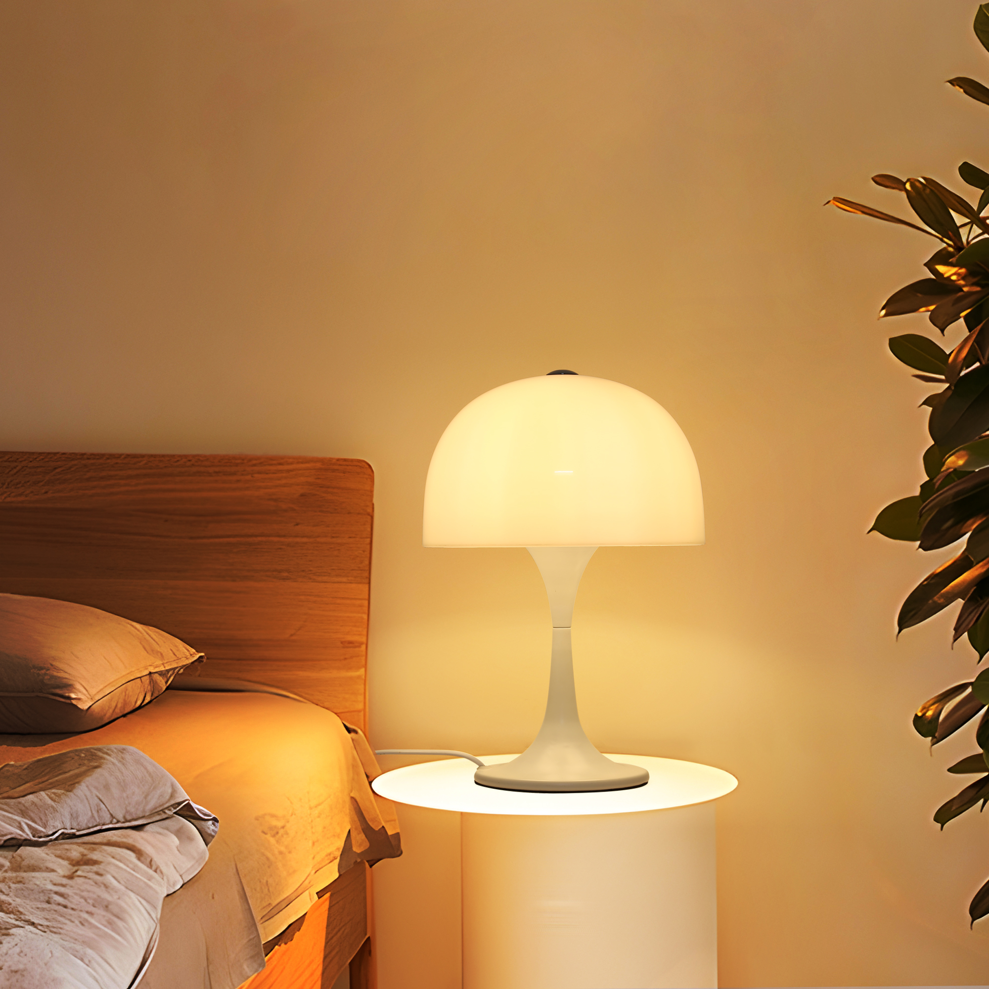Escena de dormitorio con una lámpara blanca con la parte superior redondeada, una cama, una mesita de noche y una planta.