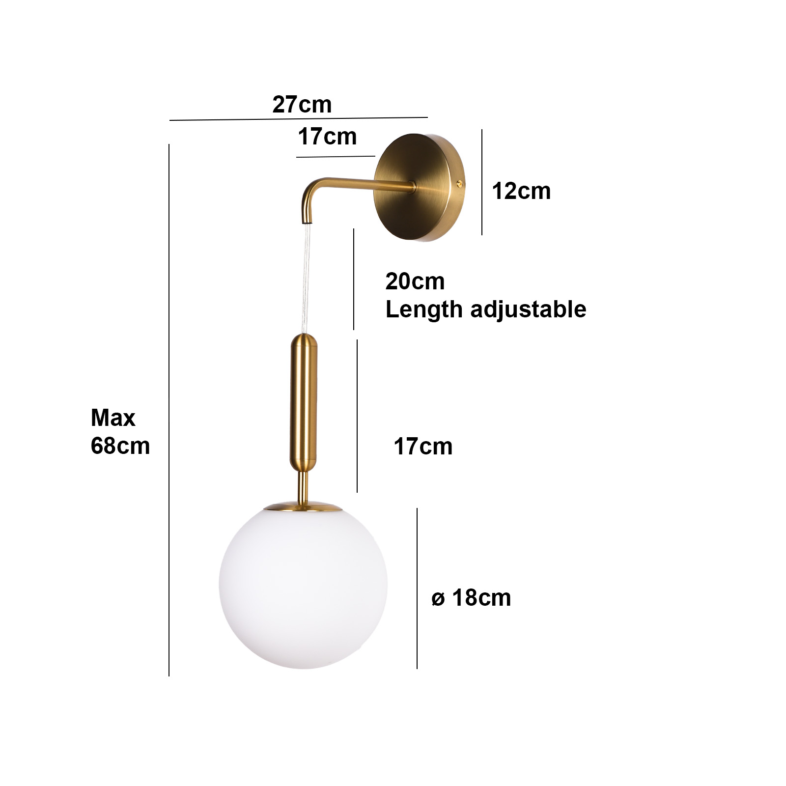 Lámpara de pared con globo blanco y brazo dorado. Dimensiones etiquetadas en la imagen.