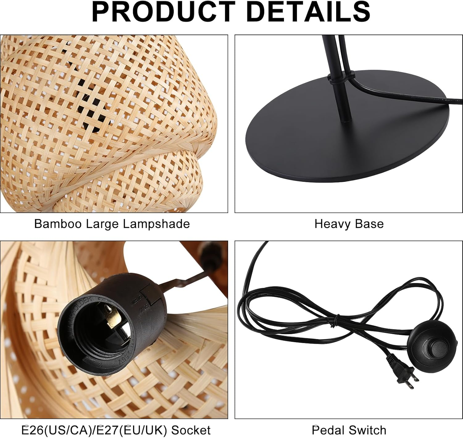 Cuatro imágenes detalladas: Pantalla de lámpara de bambú, base pesada, enchufe e interruptor de pedal de una lámpara sobre fondo blanco.