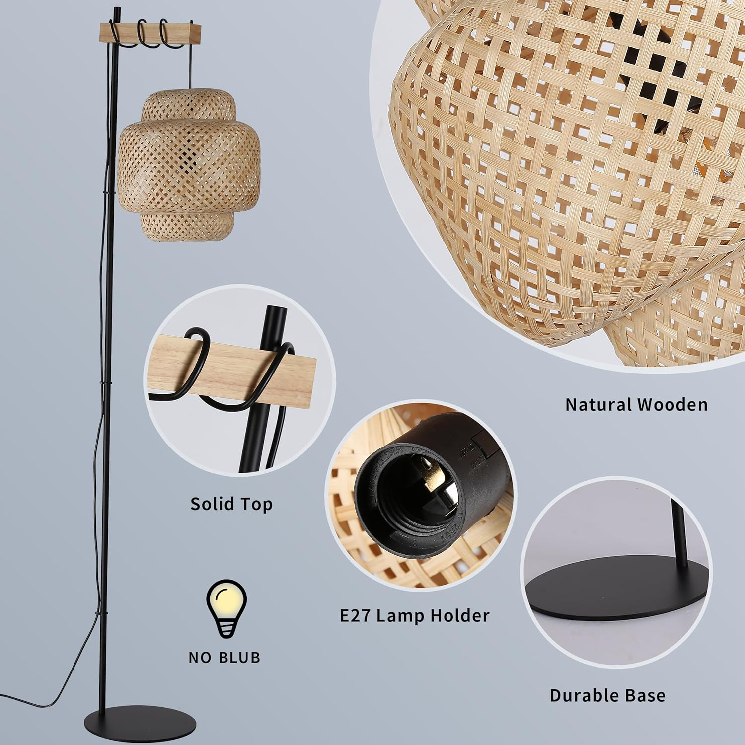 Una lámpara de pie alta con una pantalla tejida con una parte superior de madera y un soporte negro. Se muestran detalles de la lámpara.