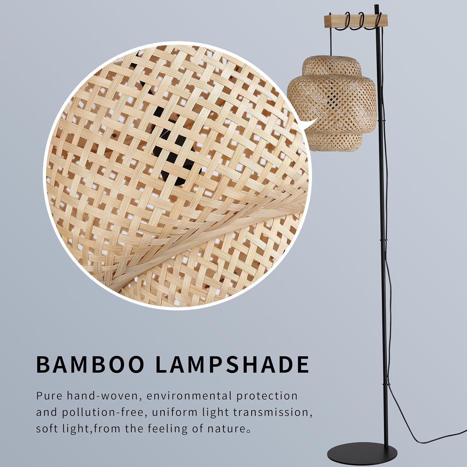 Pantalla de lámpara de bambú con primer plano, texto sobre material y luz.