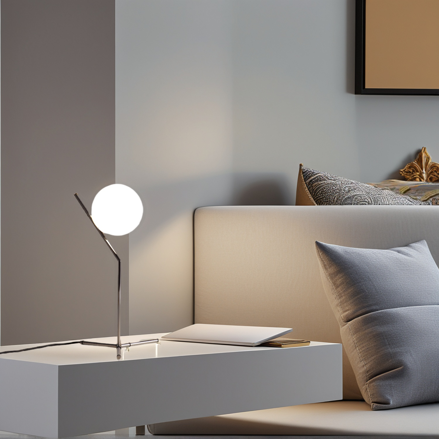 Lámpara moderna con luz esférica sobre mesa blanca, junto a cama y pintura.