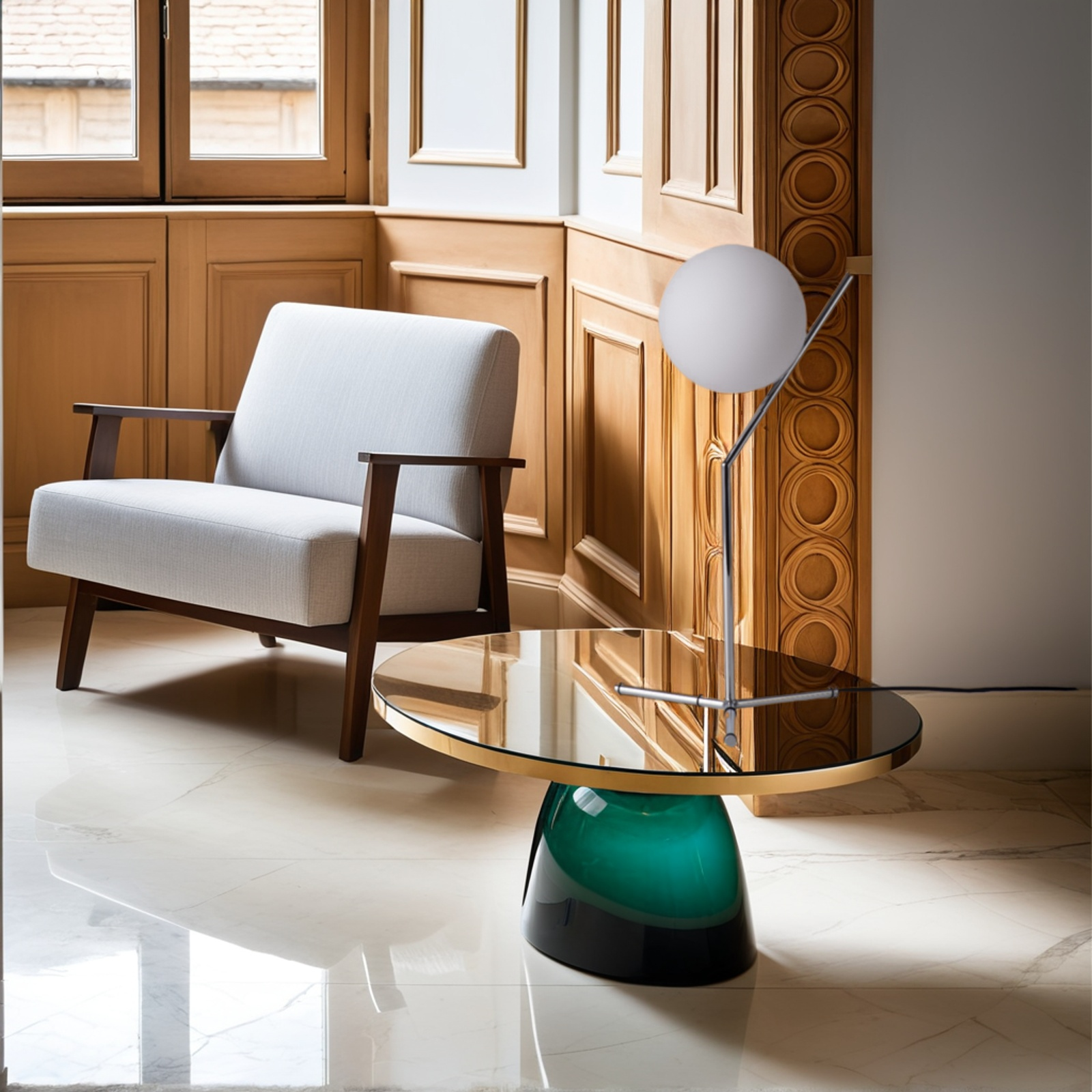 Habitación moderna con lámpara esférica blanca sobre mesa, y sillón gris.