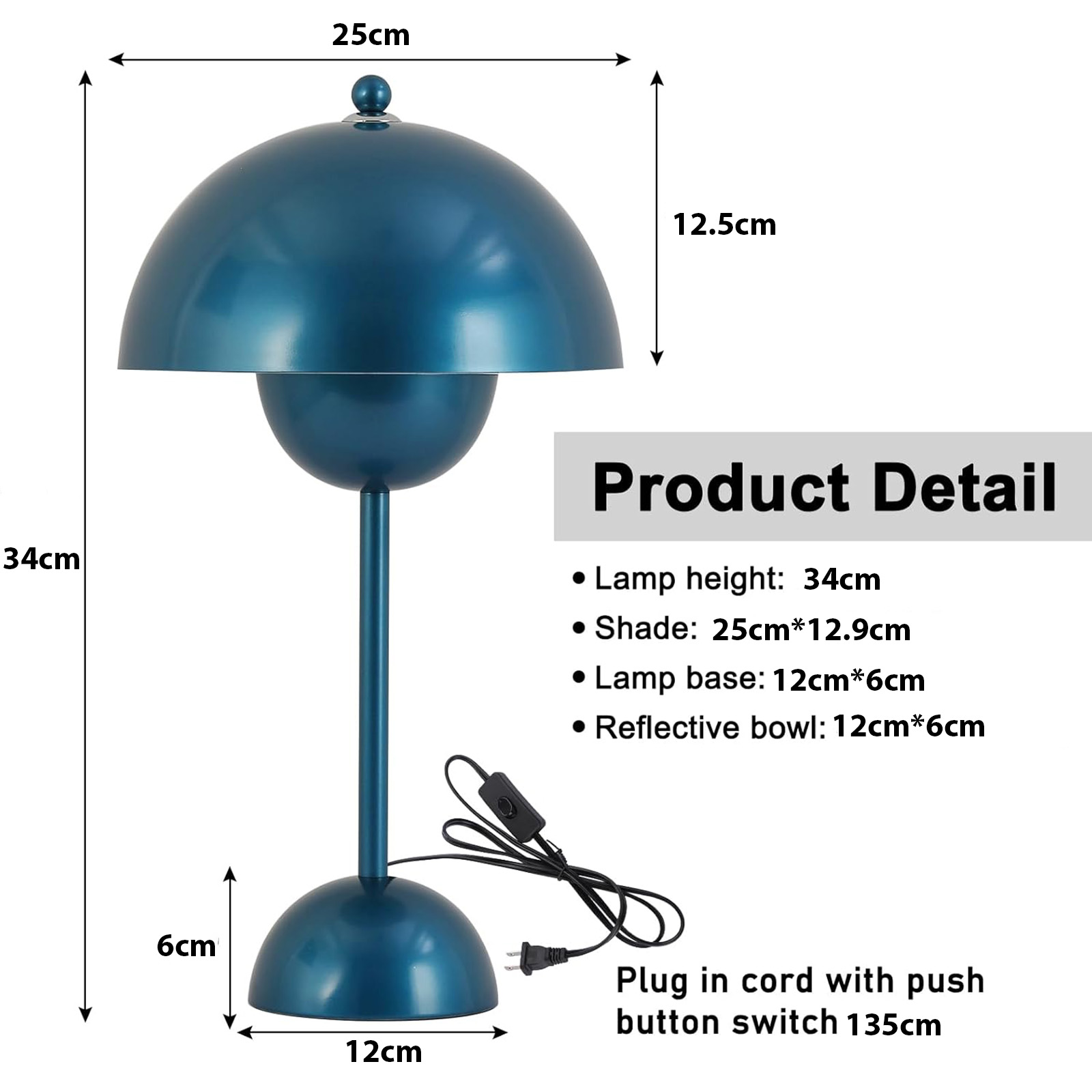 Lámpara de mesa azul con dimensiones y detalles del producto, incluido el interruptor.