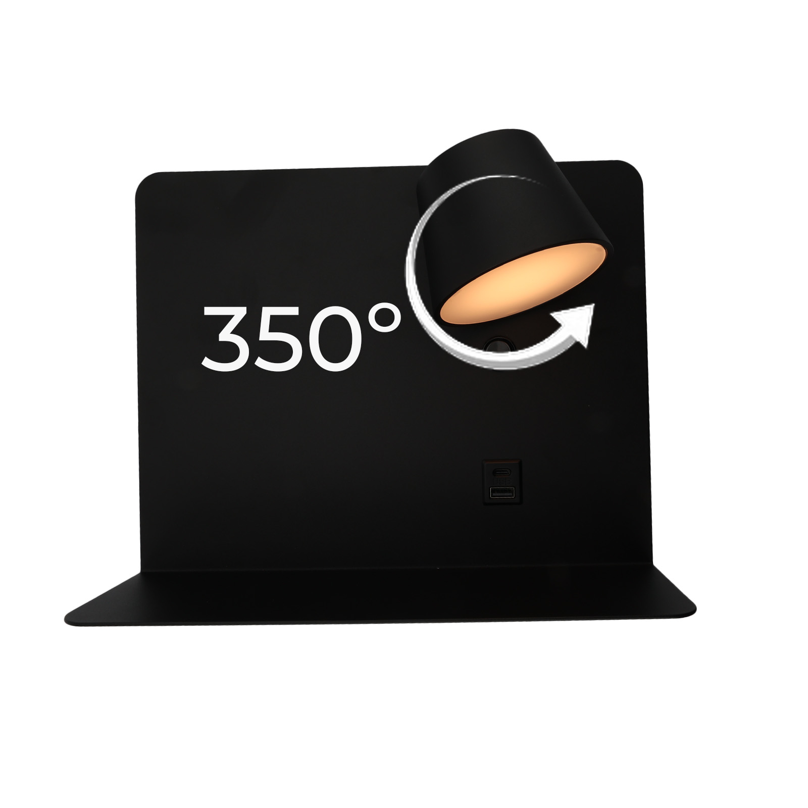 Lámpara de pared negra con un foco y una función de rotación de 350 grados, con puertos USB.