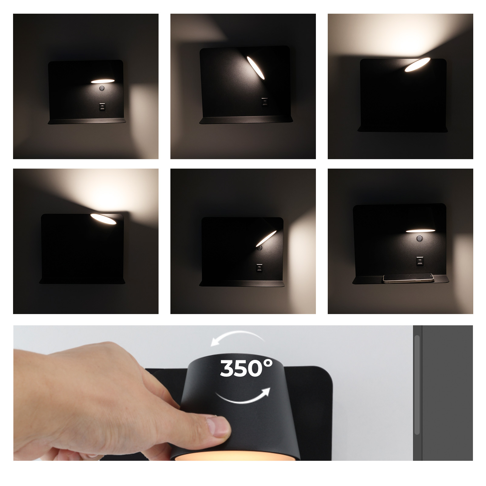 Una serie de imágenes que muestran la rotación de 350 grados del foco de una lámpara de pared negra.