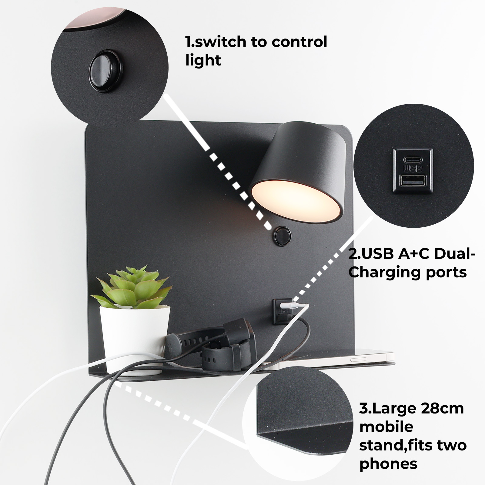 Lámpara de pared negra con una planta pequeña, dos teléfonos y un puerto USB. Tiene un interruptor y un soporte móvil de 28 cm.