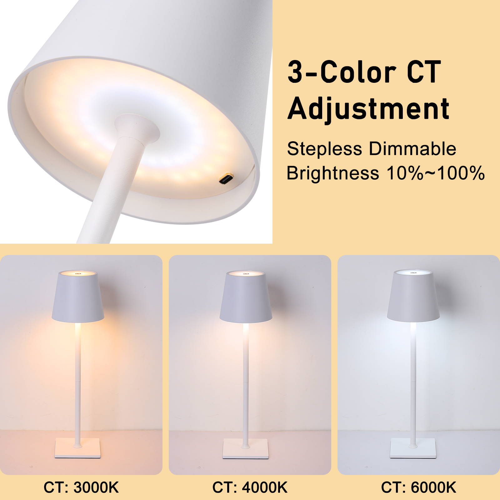Lámpara blanca con temperatura de color ajustable (3000K, 4000K, 6000K) y brillo regulable, se muestra en detalle.