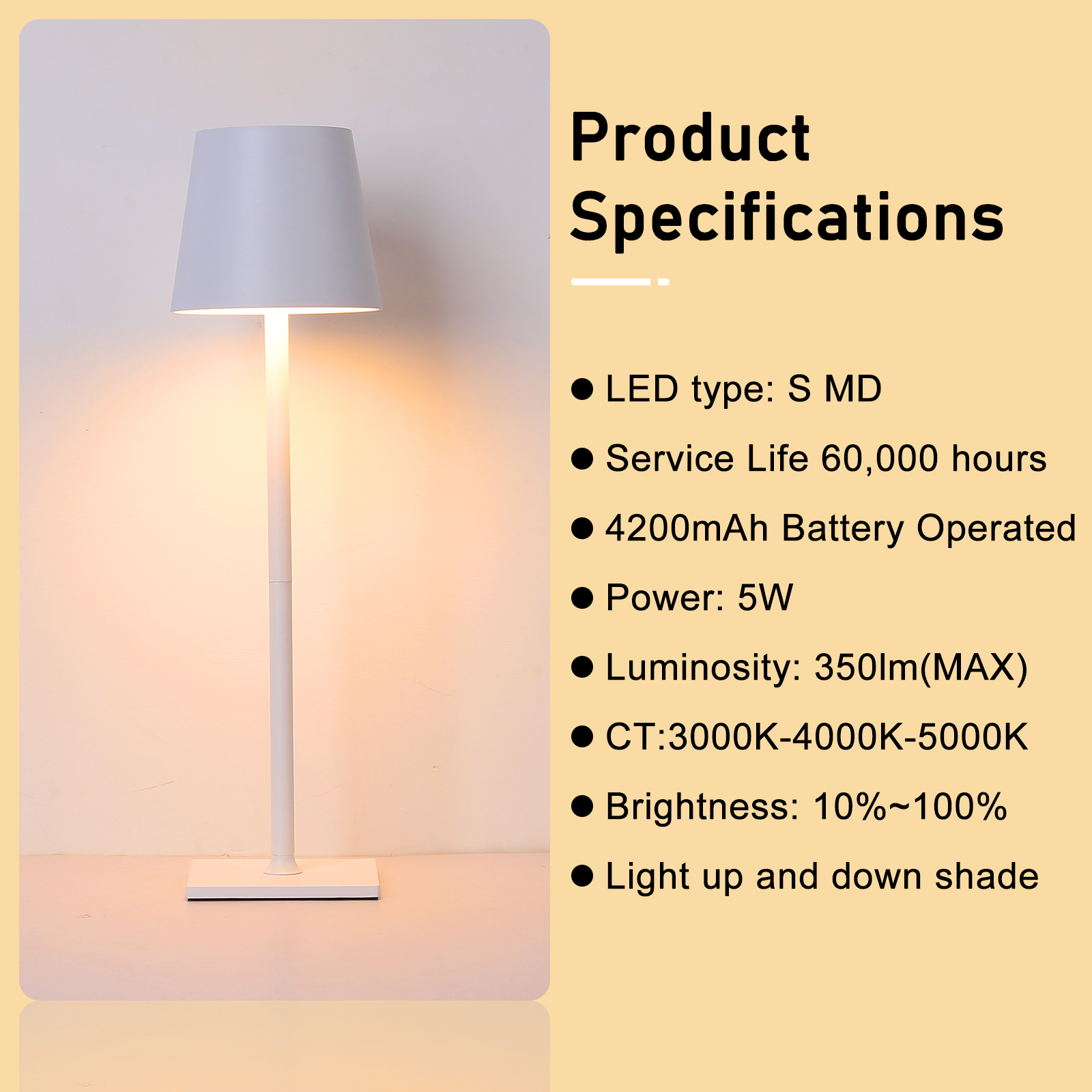 Lámpara de pie blanca con especificaciones enumeradas: tipo LED, vida útil, batería, potencia, luminosidad y brillo.