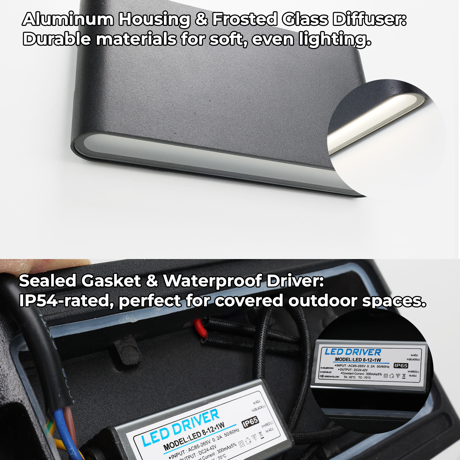 Primeros planos de una lámpara de exterior, mostrando su carcasa de aluminio y el controlador LED.
