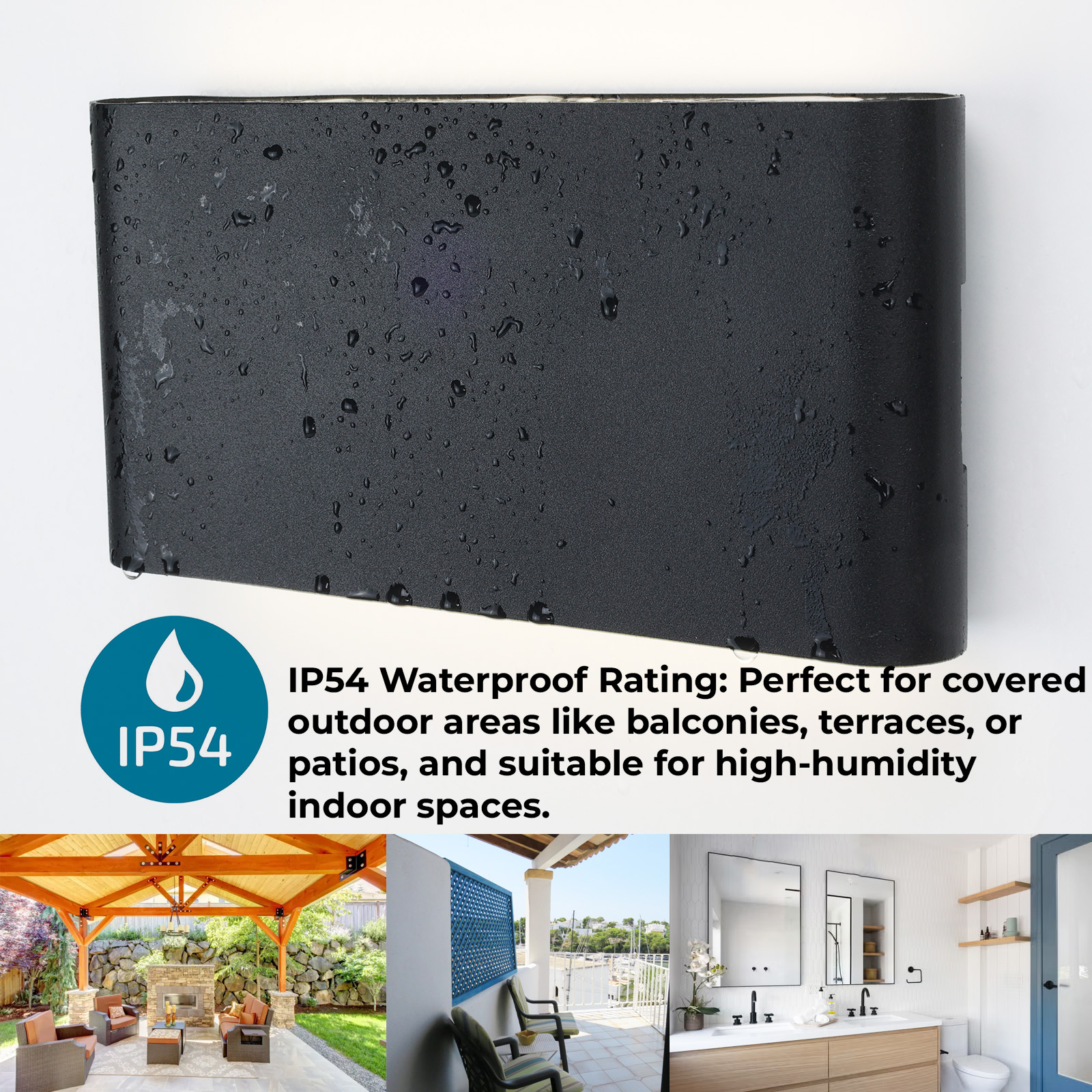 Luz de pared exterior negra con clasificación IP54 a prueba de agua, mostrada con escenas de áreas exteriores cubiertas y un baño.