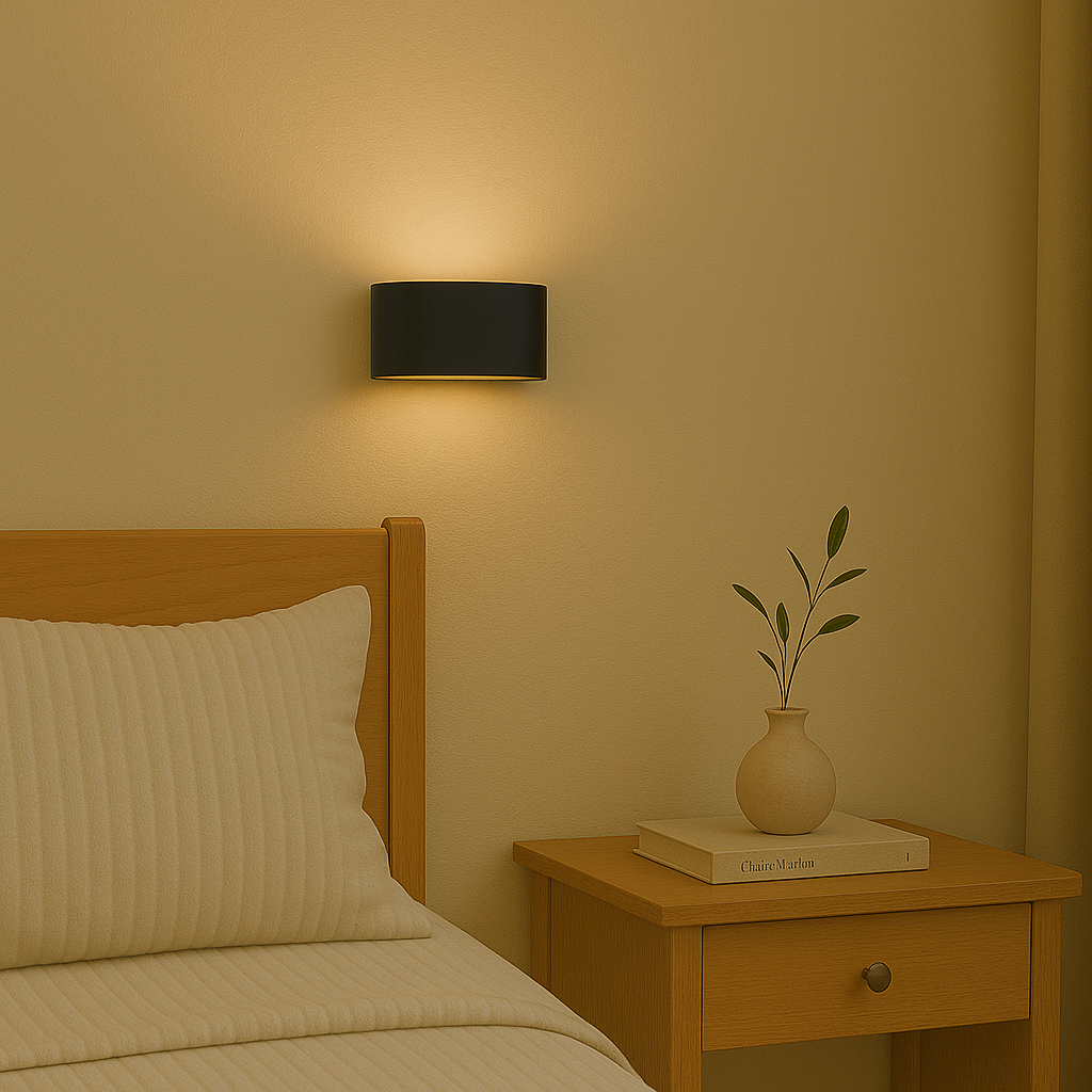 Una lámpara de pared negra sobre una cama, junto a una mesita de noche de madera con un jarrón y un libro.