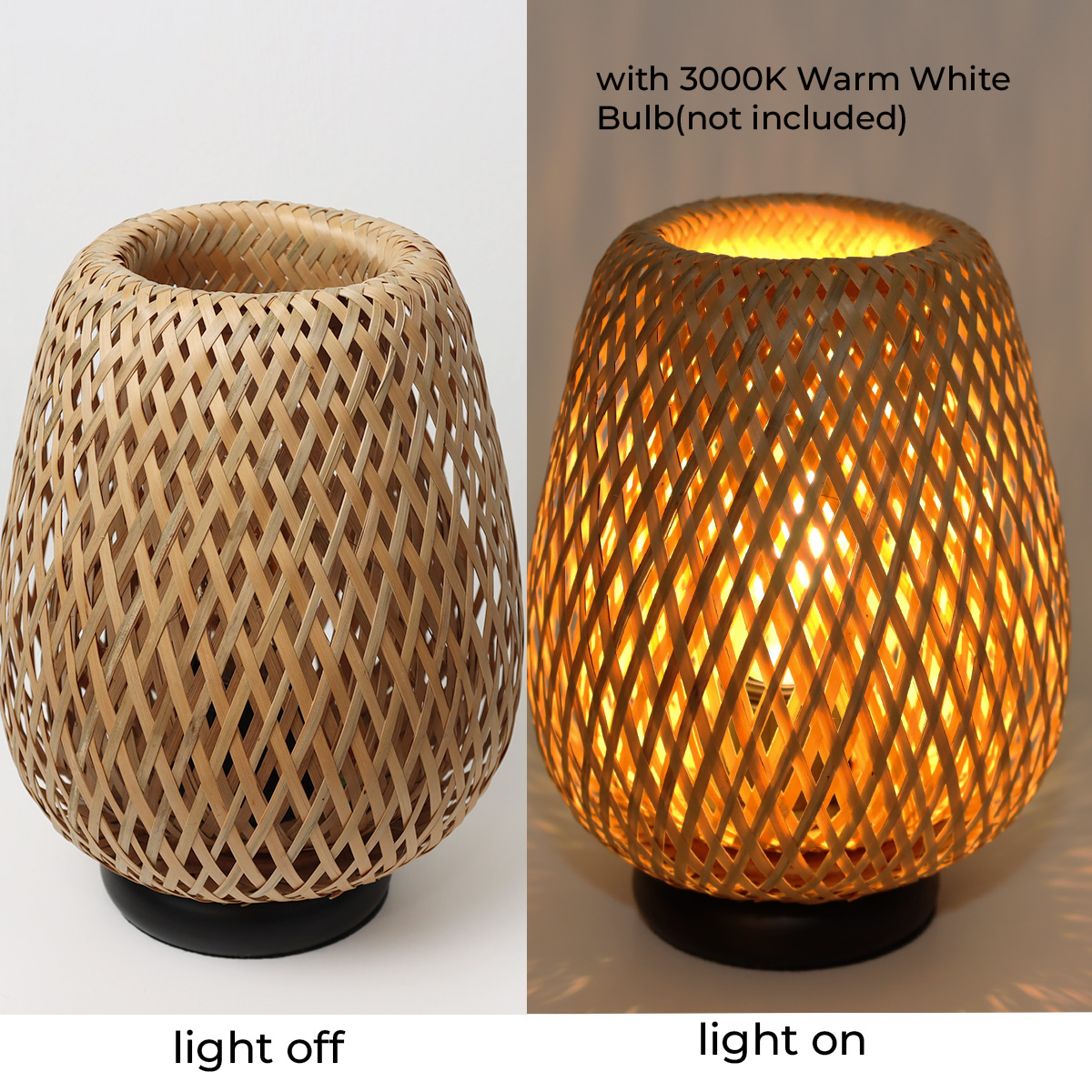 Comparación de una lámpara de bambú apagada y encendida, mostrando la bombilla con luz blanca cálida.