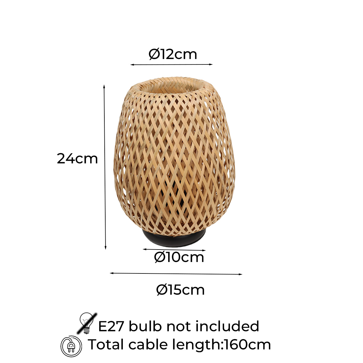 Una lámpara de ratán tejido con dimensiones. La lámpara es marrón con base negra. No incluye bombilla E27.