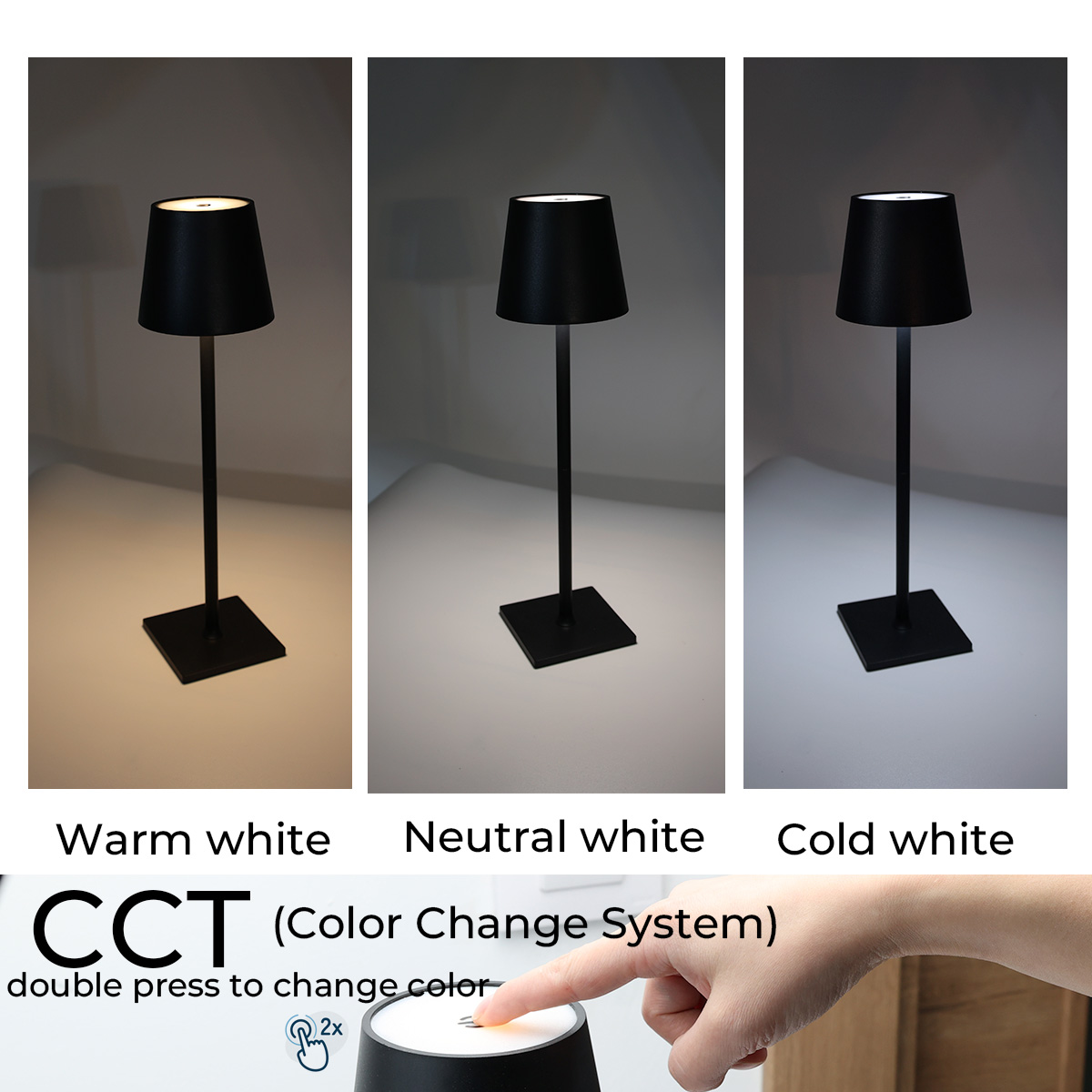 Una lámpara negra con tres configuraciones de color: blanco cálido, blanco neutro y blanco frío. Controlada por un botón táctil.