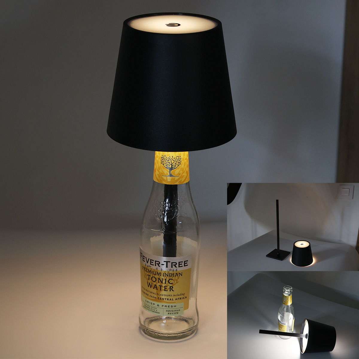 Lámpara negra sobre una botella de agua tónica Fever-Tree. Se presentan vistas adicionales de la lámpara.