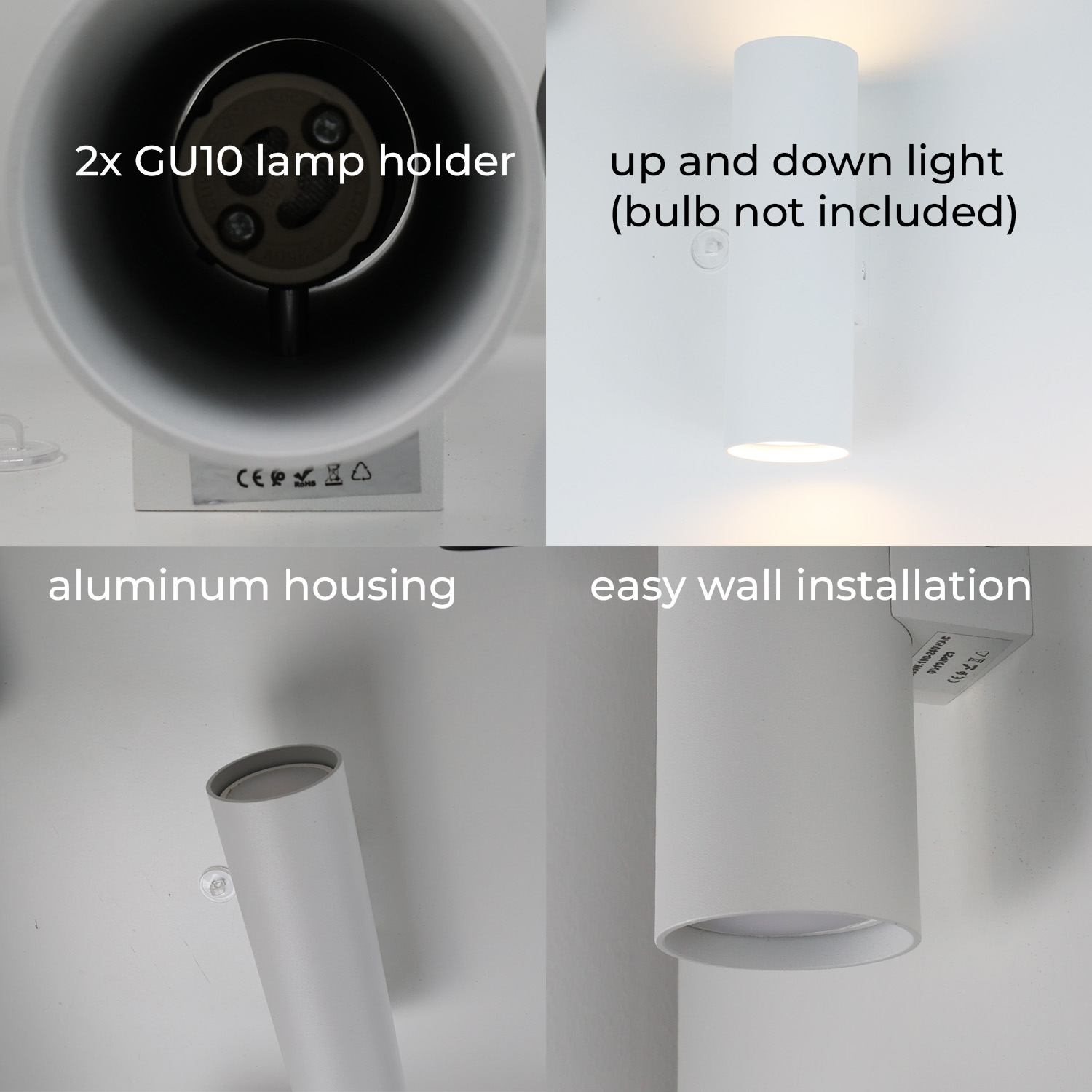 Lámpara de pared cilíndrica blanca. Muestra el portalámparas y la carcasa de aluminio. Fácil instalación.