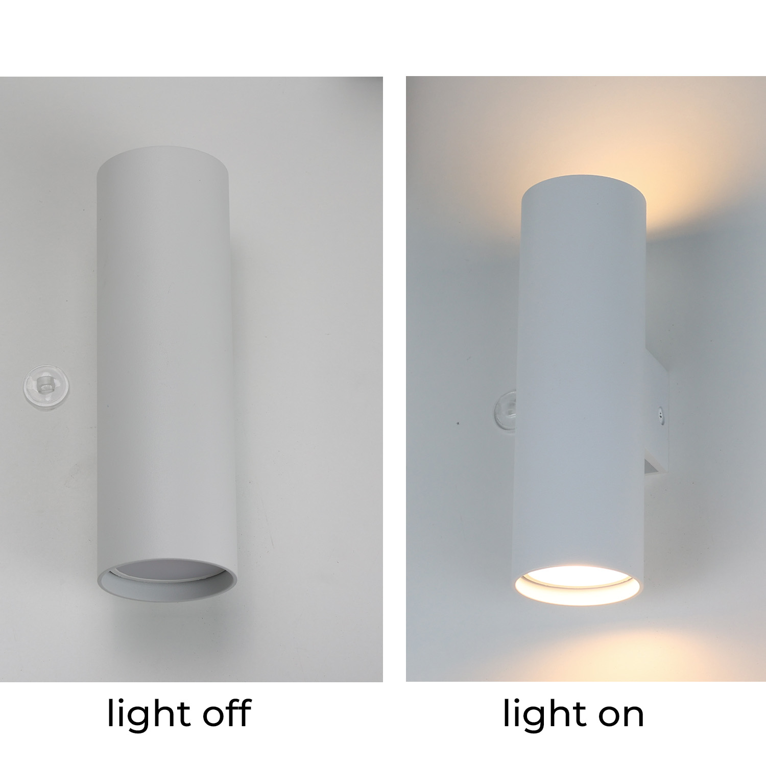 Dos imágenes de una luz de pared cilíndrica blanca. Una luz está apagada, la otra encendida.