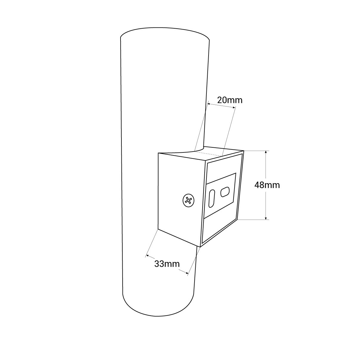 Primer plano del soporte de montaje de una luminaria cilíndrica blanca, que muestra dimensiones y detalles de los tornillos.