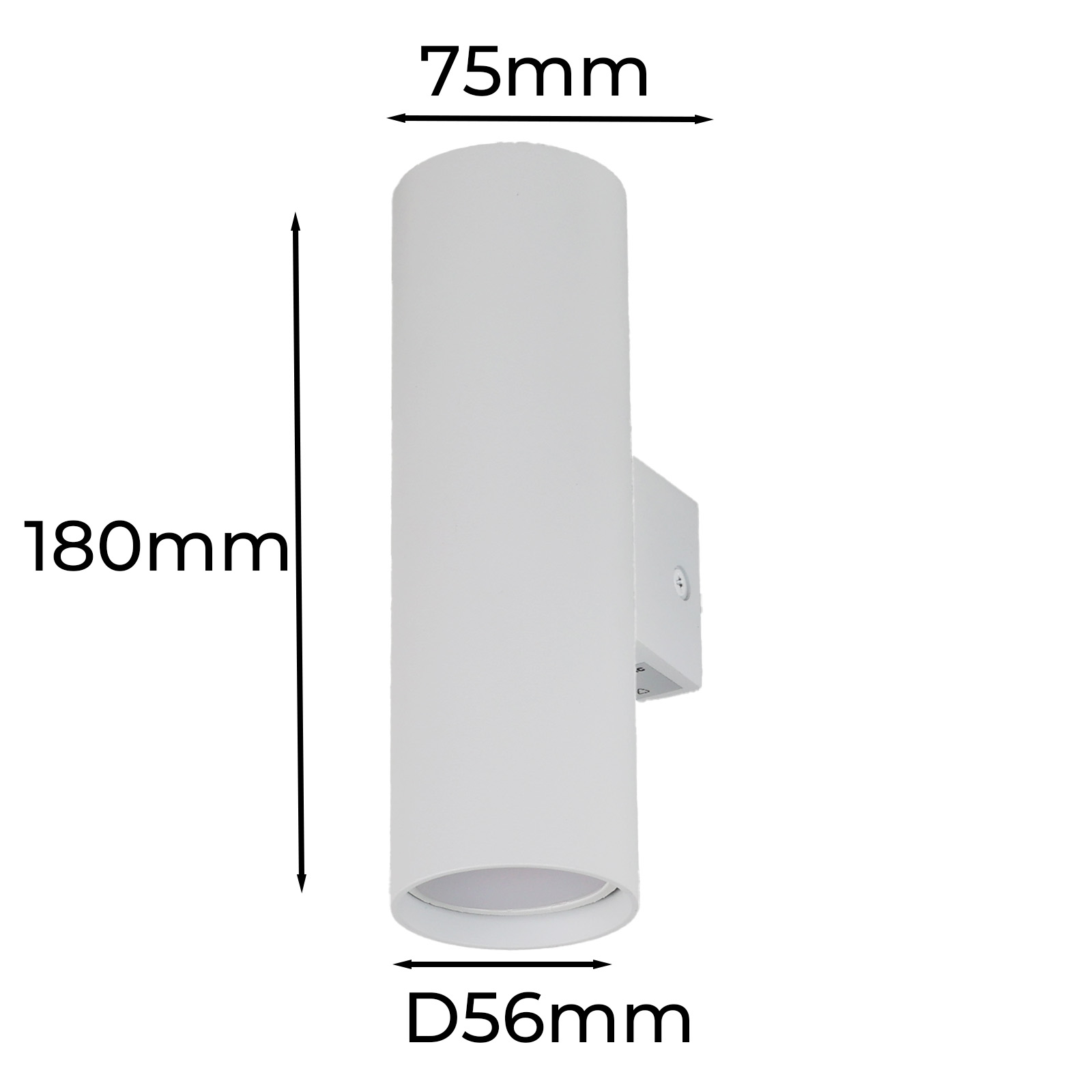 Lámpara de pared cilíndrica blanca con dimensiones. La lámpara está montada sobre una superficie blanca.