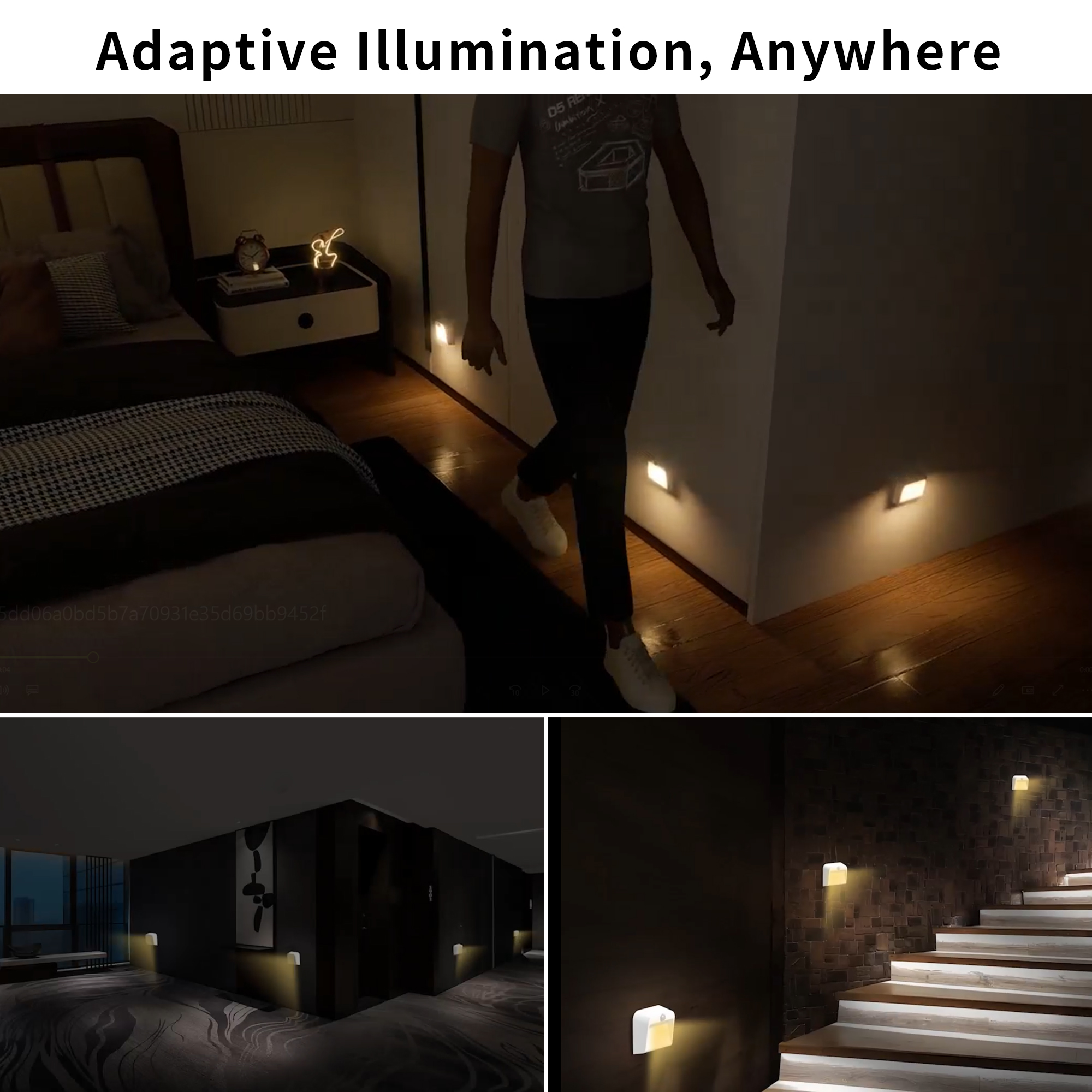 Una habitación con luces instaladas en el suelo. Una persona camina en el centro de la habitación. Configuración de poca luz.