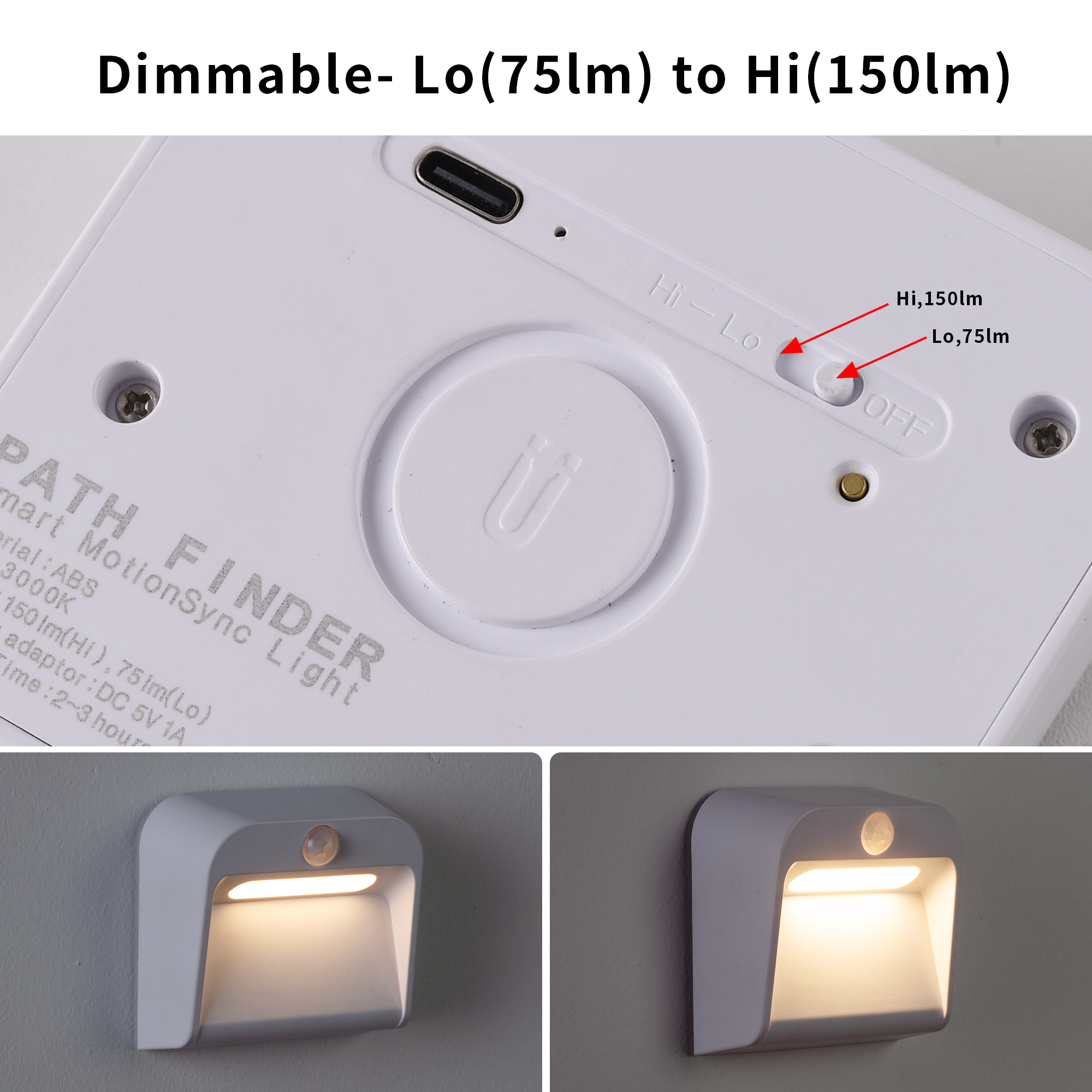 Una luz con sensor de movimiento inteligente, con opciones de atenuación. Blanca, montada en pared gris.
