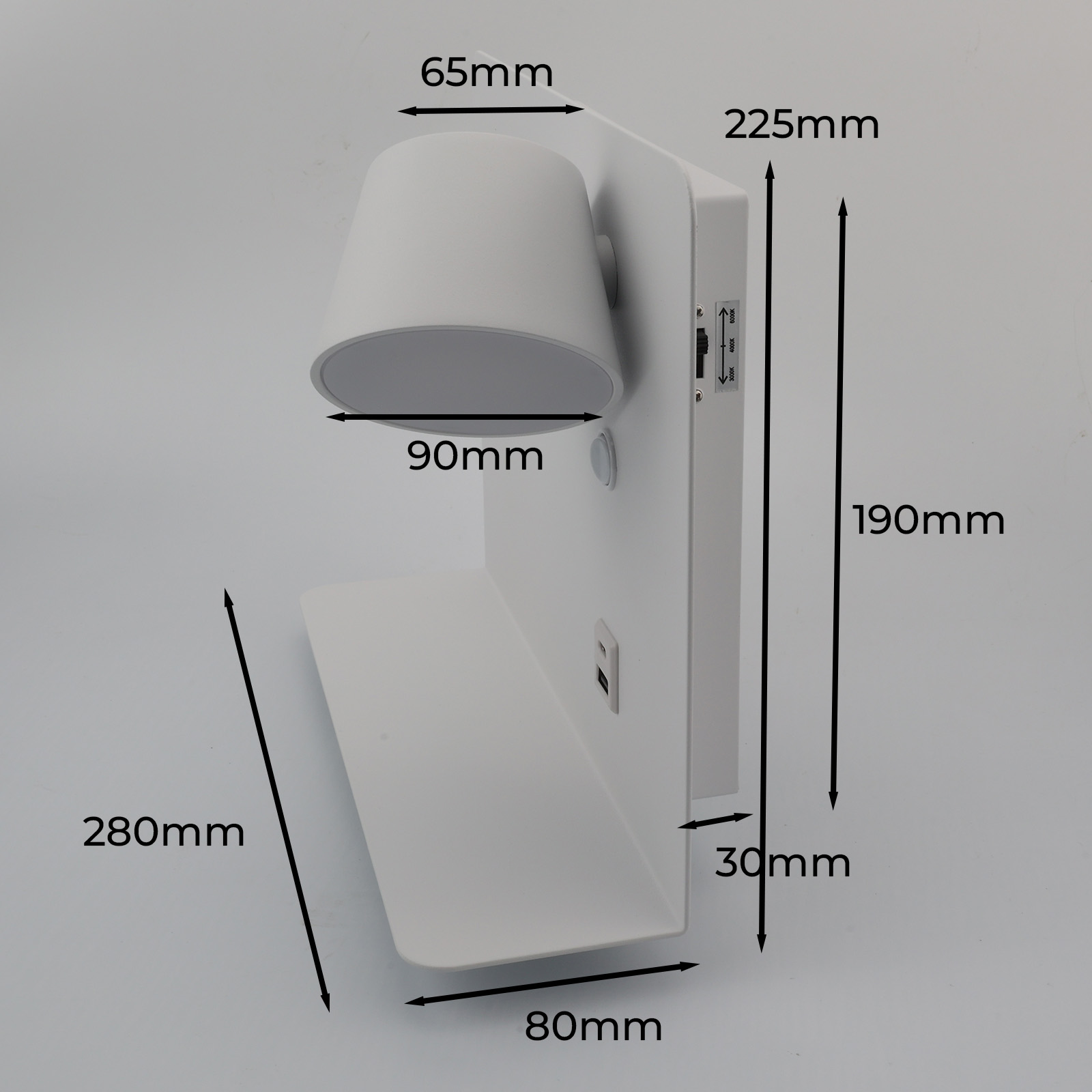 Lámpara blanca en la pared. Dimensiones indicadas. 225 mm x 280 mm x 190 mm x 80 mm x 90 mm x 65 mm.