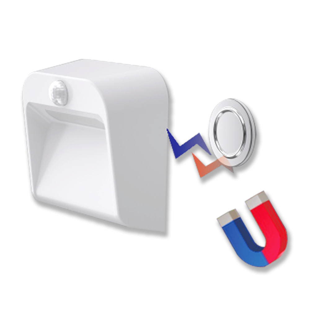 Una luz blanca con un sensor de movimiento y un imán. El imán y la luz están cerca.