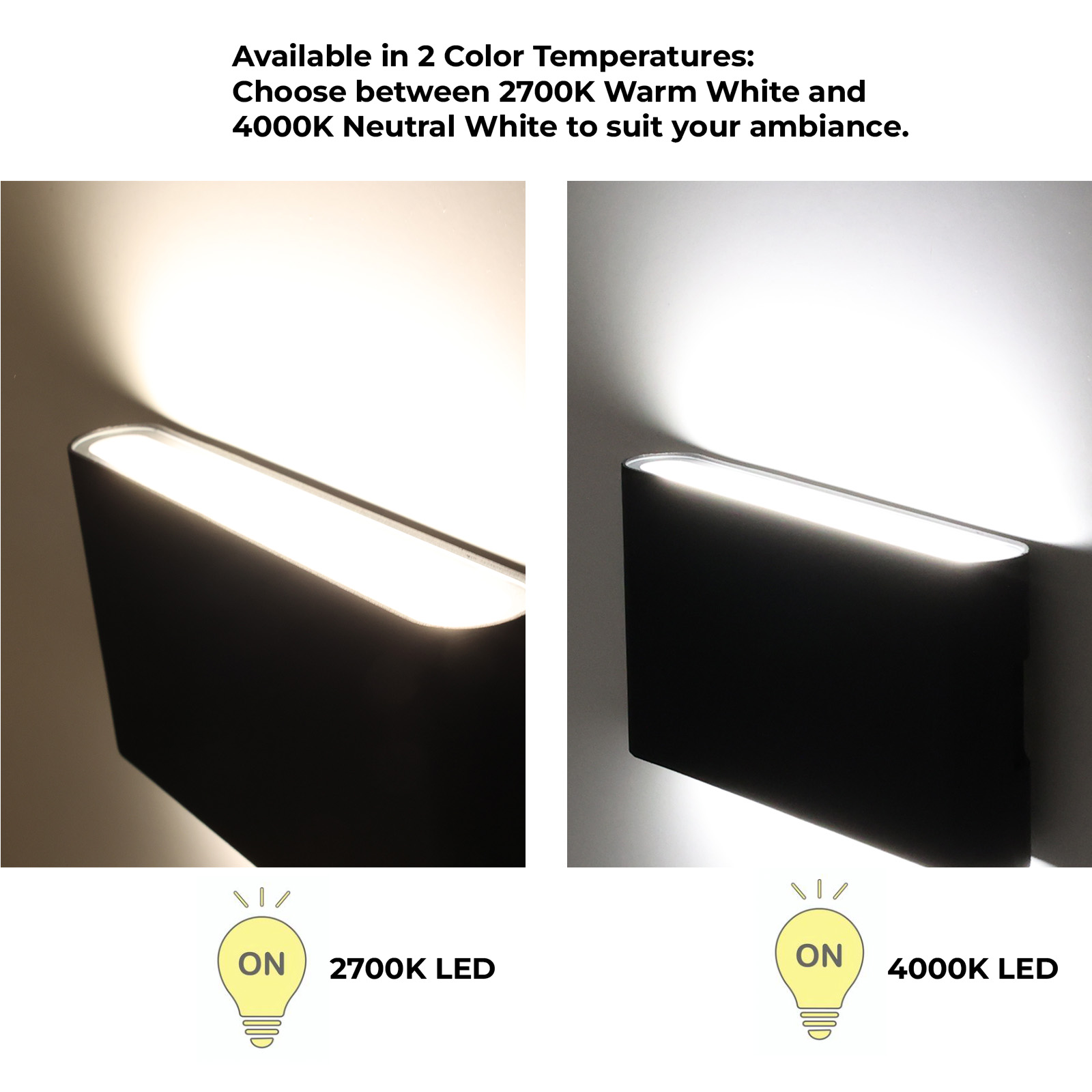 Dos luces, una con luz blanca cálida y la otra con luz blanca neutra, en una pared.