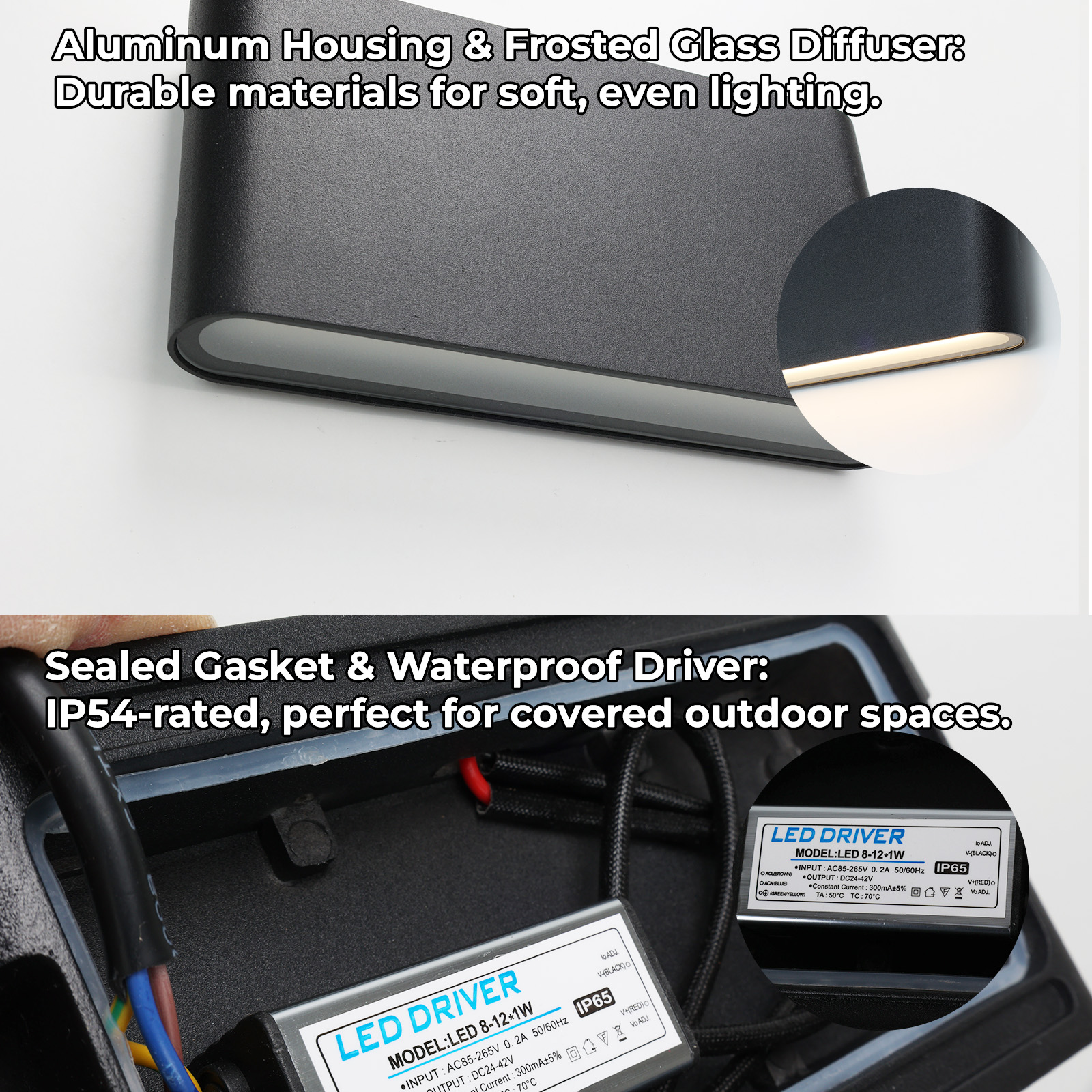 Detalles de una lámpara de pared exterior negra. Tiene un difusor de vidrio esmerilado y tiene clasificación IP54.