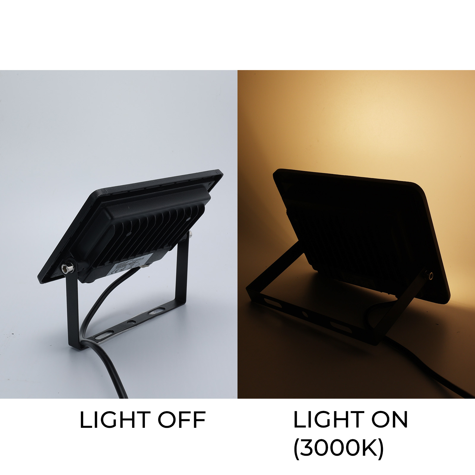 Dos imágenes de un foco negro. Una está apagada, la otra está encendida. La luz es brillante.