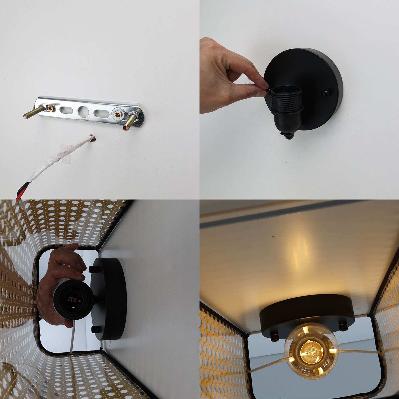 Pasos para instalar una lámpara de pared. Se muestran piezas, montaje y la lámpara instalada.