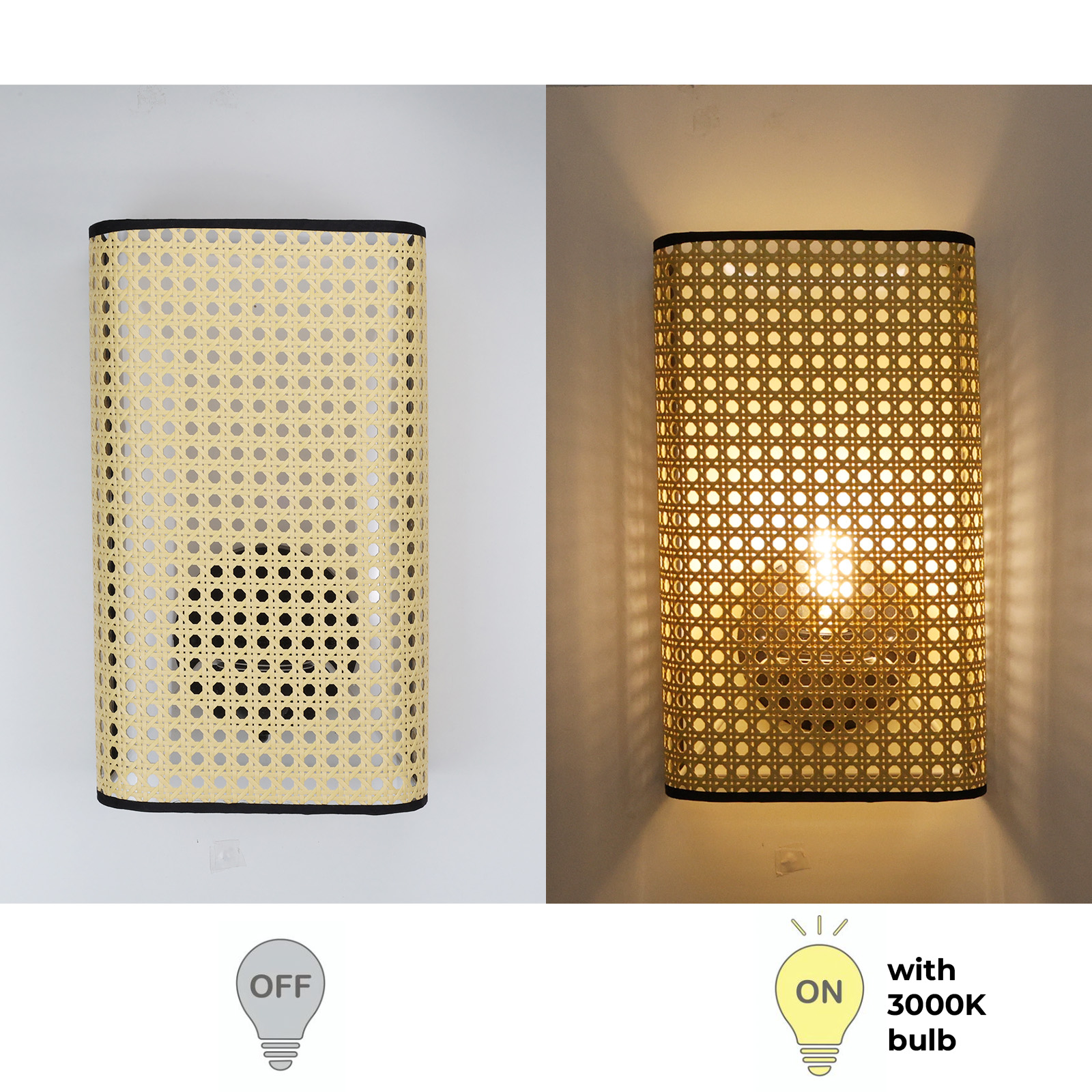 Dos imágenes de una lámpara de pared de ratán, una apagada y otra encendida, emitiendo luz cálida.
