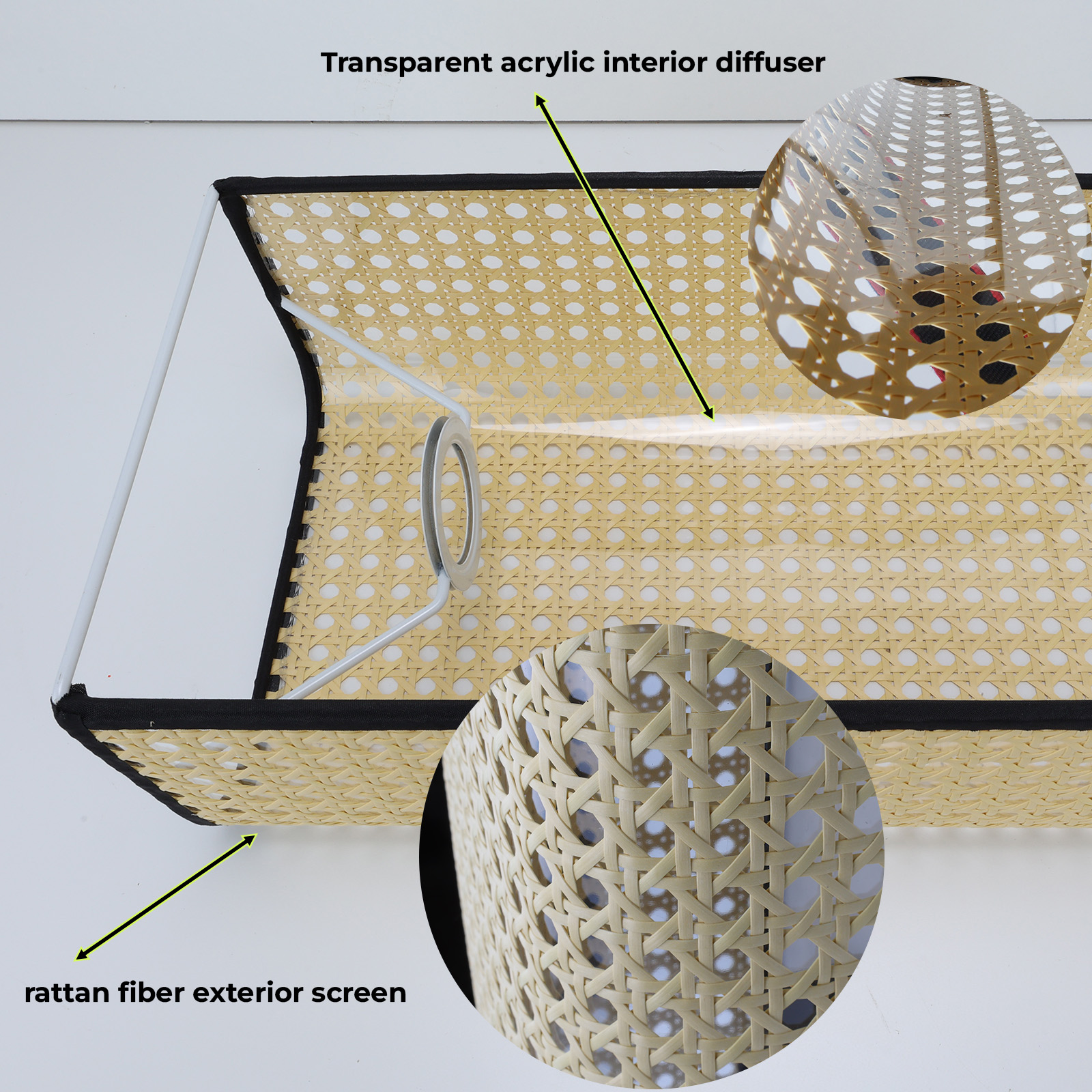 Primer plano de una lámpara de ratán mostrando detalles: exterior de fibra de ratán, un difusor acrílico transparente.