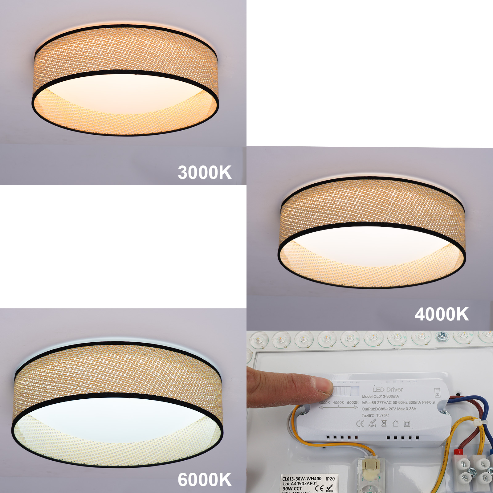Luces de techo con diferentes temperaturas de color. Una muestra una mano tocando un controlador.