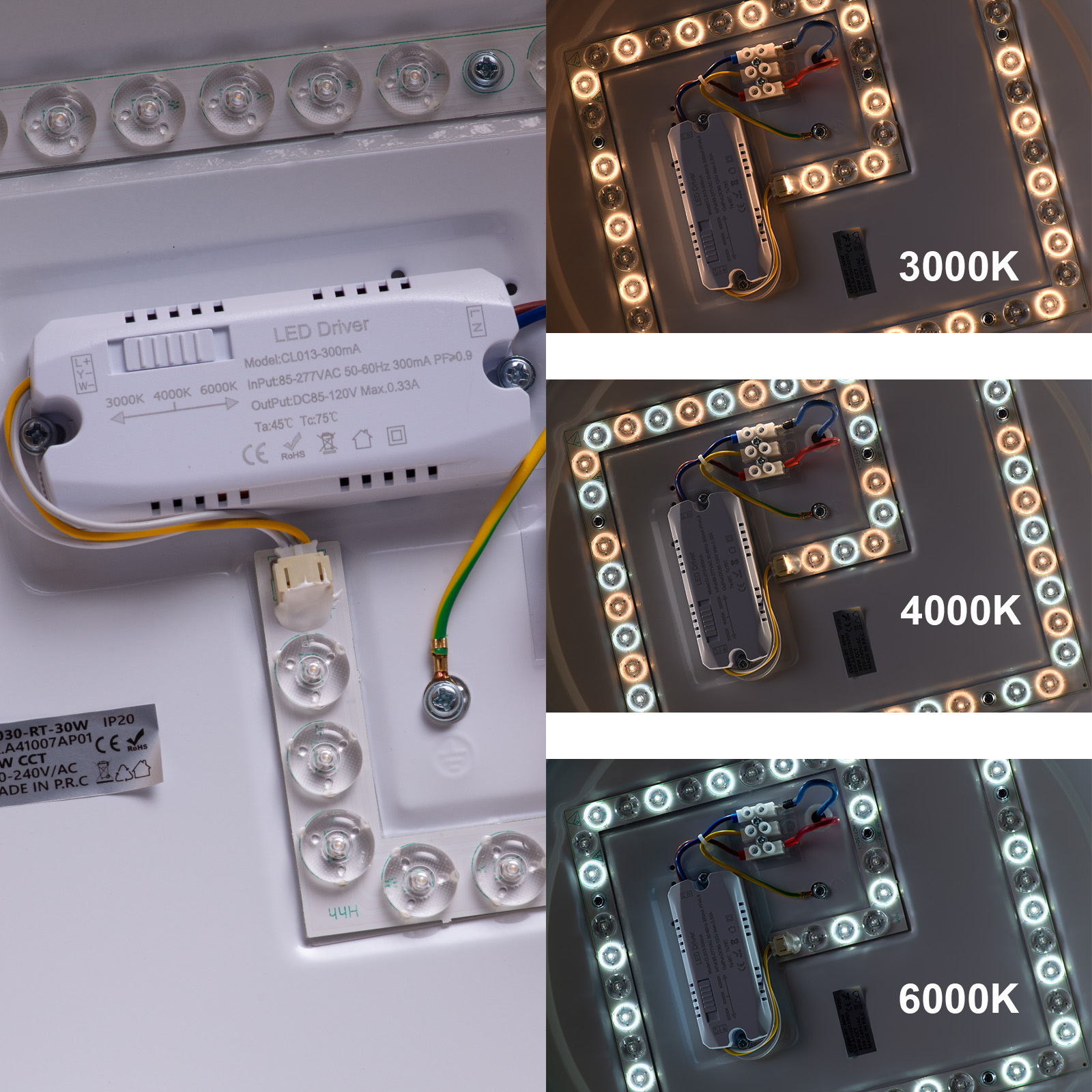 Primer plano del controlador LED con diferentes temperaturas de color (3000K, 4000K, 6000K).